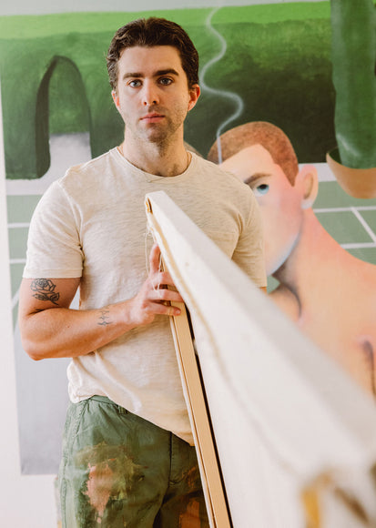 MALE WEARING SKIPPER T-SHIRT (LIGHT WEIGHT SHORT SLEEVE T-SHIRT WITH CREW NECK LINE) IN COLOR BONE (OFF WHITE)