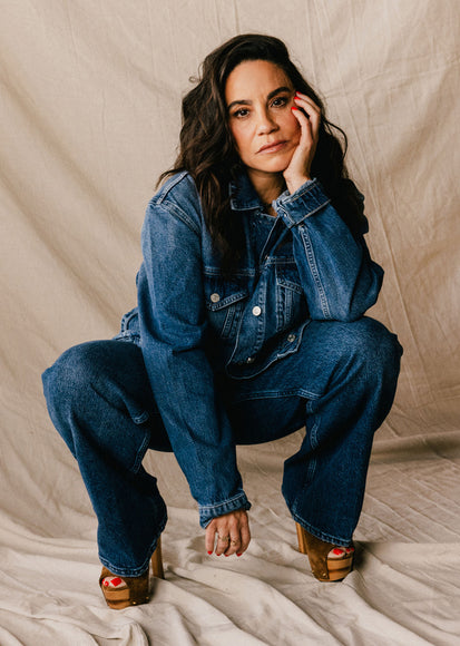 FEMALE WEARING GROVE BOYFRIEND TRACKER JACKET (OVERSIZED DENIM JACKET) AND GETTY WIDE LEG JEANS IN MOONLIT OCEAN (DARK WASH DENIM)