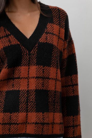 COLLEEN SWEATER - RUST BLACK PLAID