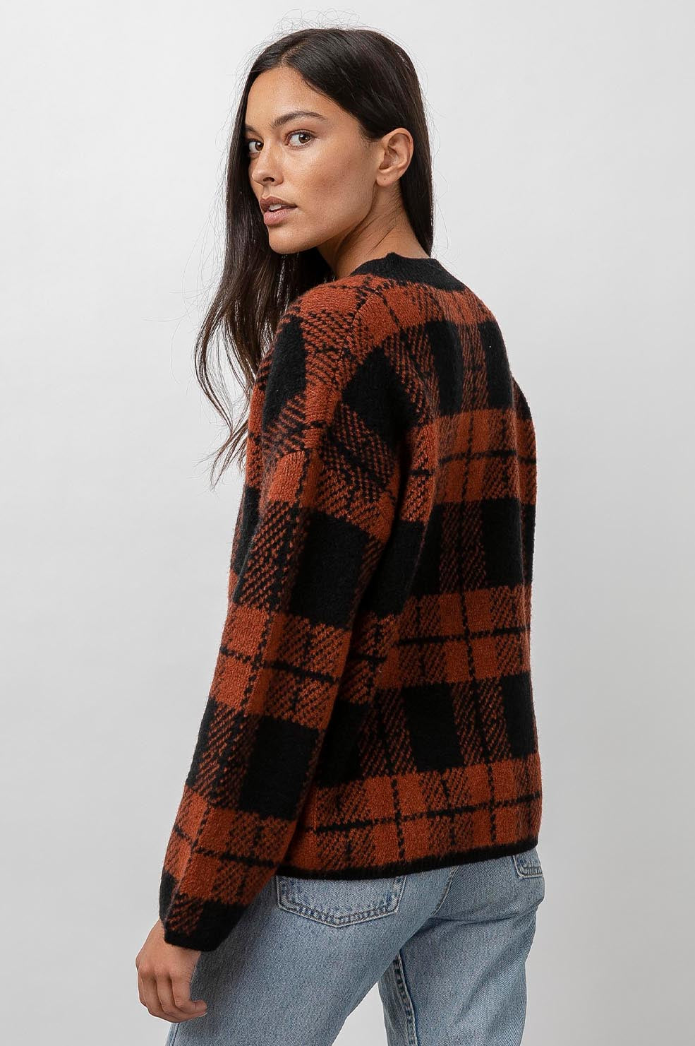 COLLEEN SWEATER - RUST BLACK PLAID