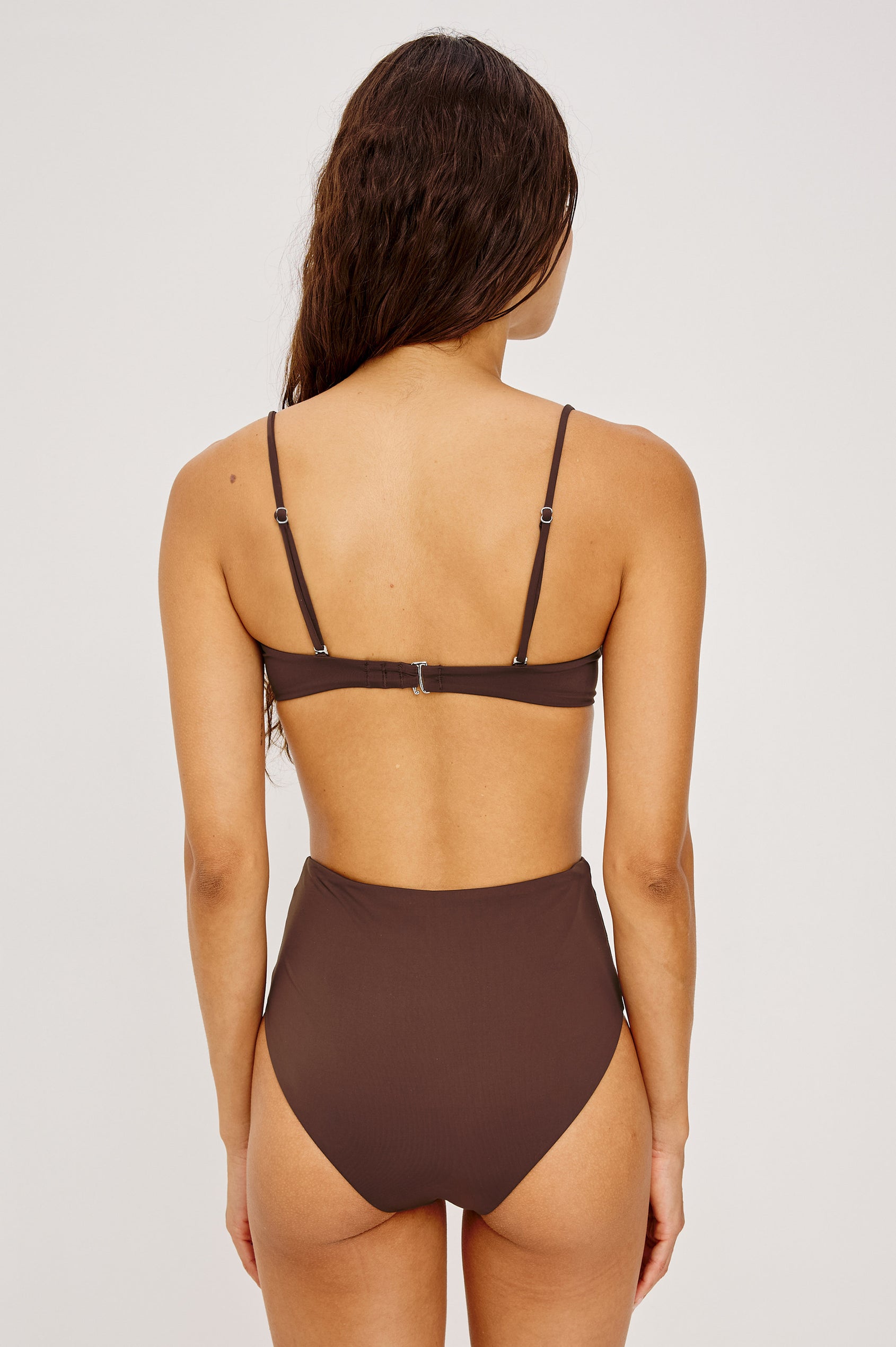 Concha Bikini Top With Balconette Shape, Ruched Underwire Bust Cups, Adjustable Shoulder Straps, and Back Hook Closure in Espresso Colorway - Upper Body Back View Featured on Model