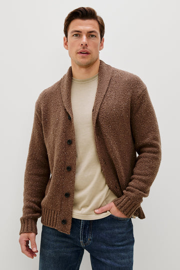 Corden Long-Sleeve Cardigan with Button Closure, a Shawl Collar and Ribbed Trim Chestnut Speckle - Front View Featured on Model