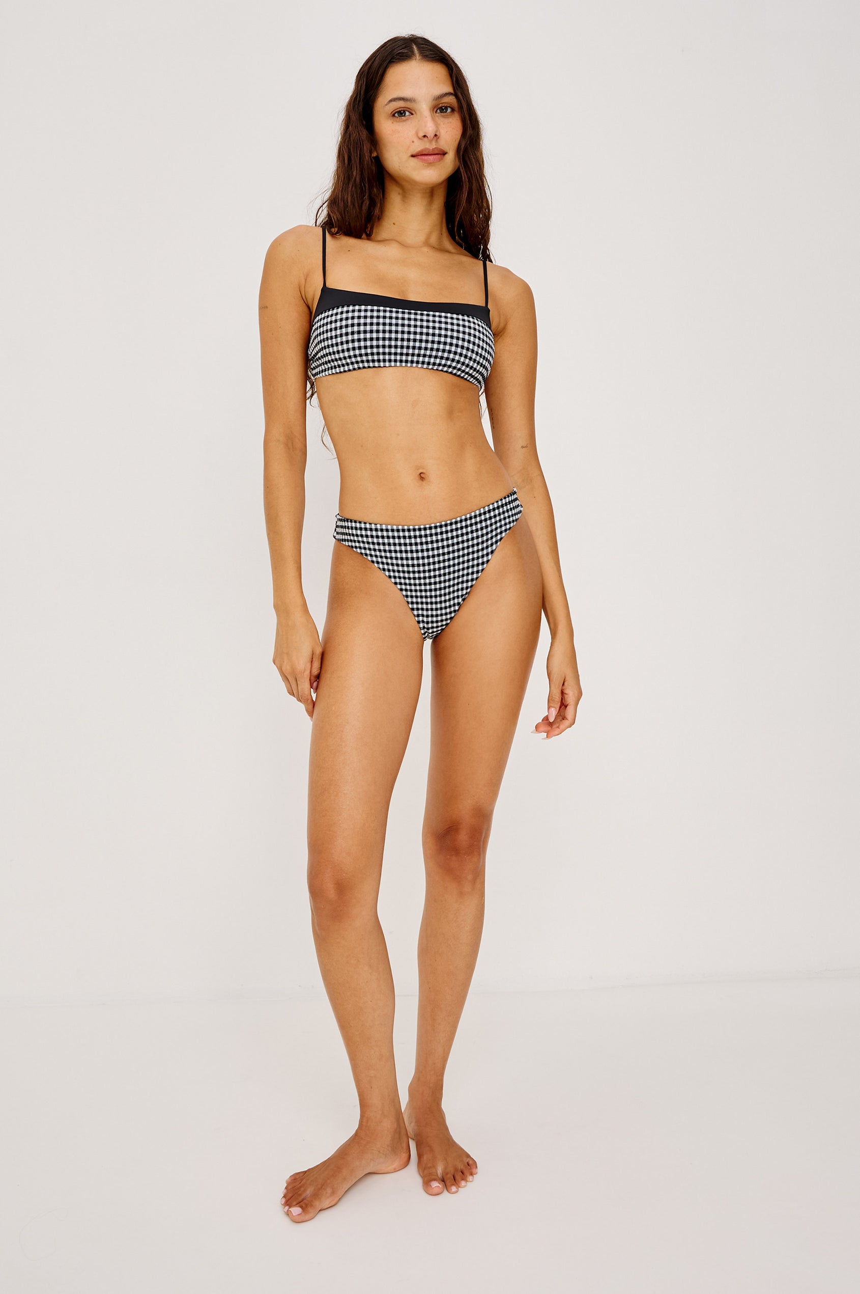 Corfu Bandeau Bikini Top With Adjustable Shoulder Straps and Contrast Panel in Black White Gingham Colorway - Full Body Front View Featured on Model