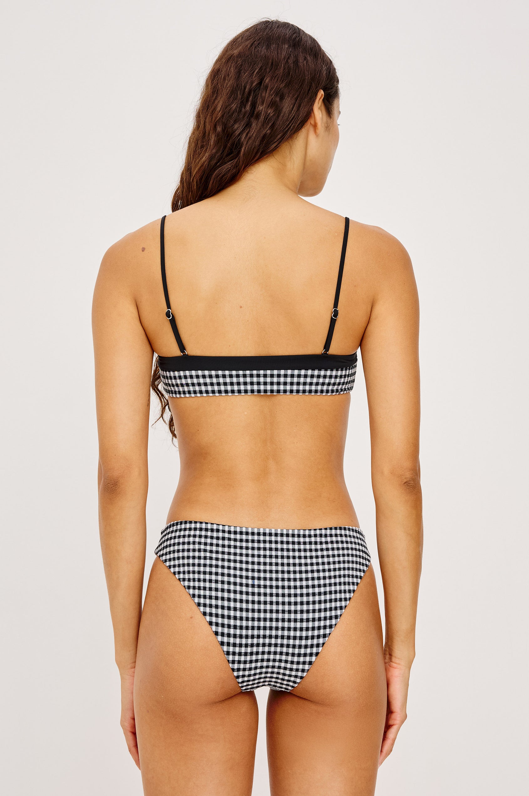 Corfu Bandeau Bikini Top With Adjustable Shoulder Straps and Contrast Panel in Black White Gingham Colorway - Upper Body Back View Featured on Model