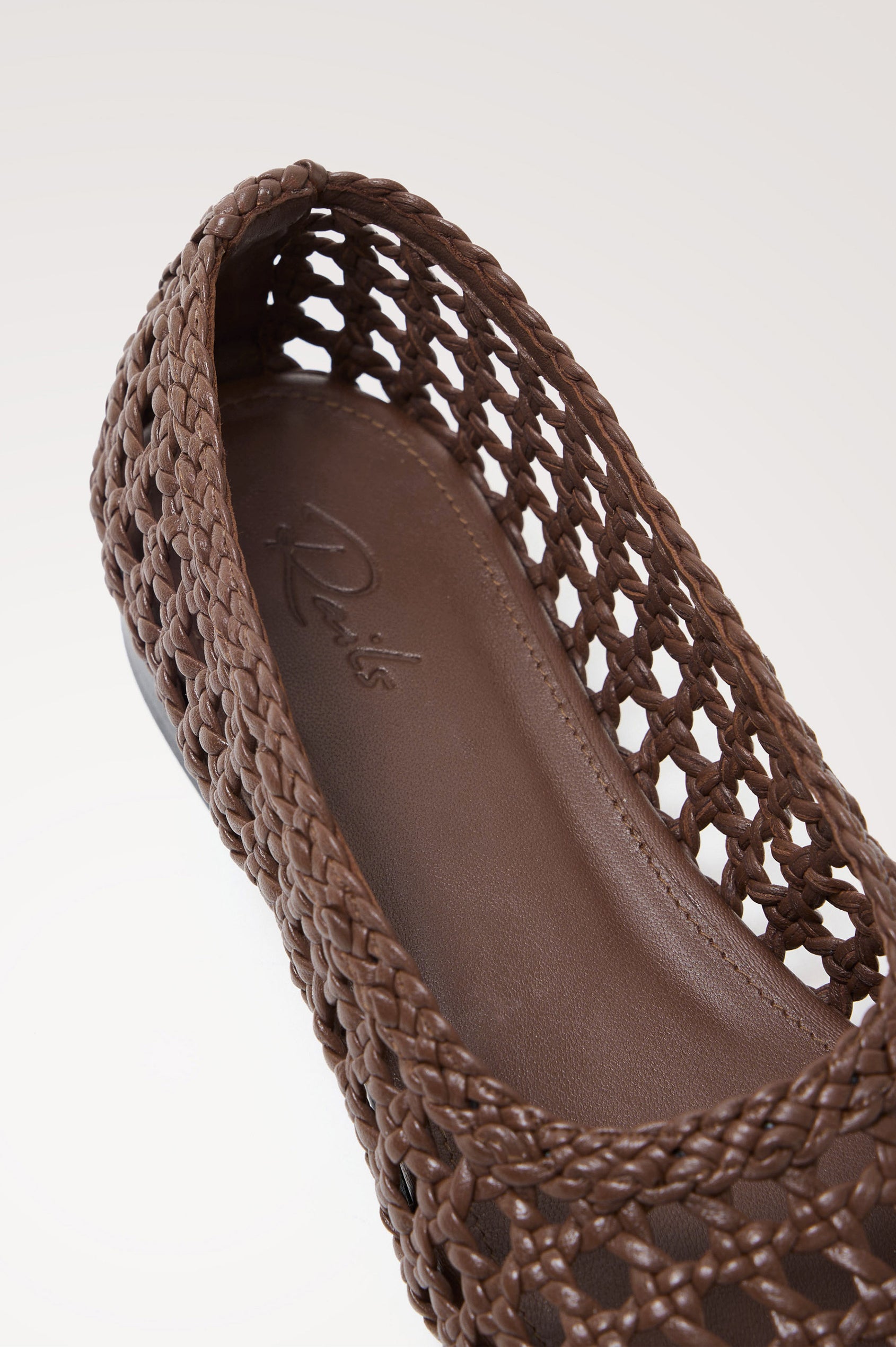 Cortona Ballet Flat in Woven Leather With Square Toe in Dark Brown Colorway - Close up View Featured