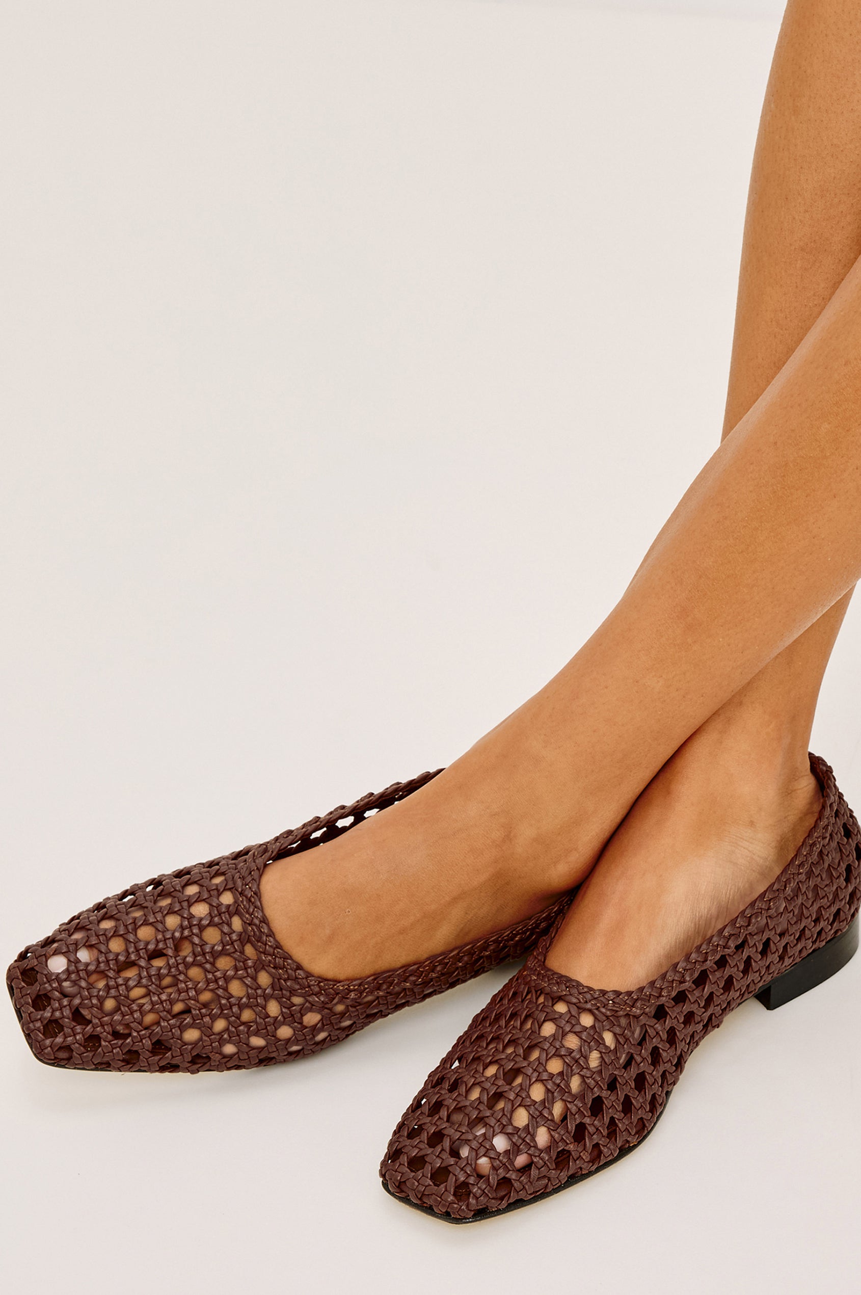 Cortona Ballet Flat in Woven Leather With Square Toe in Dark Brown Colorway - Side View Featured