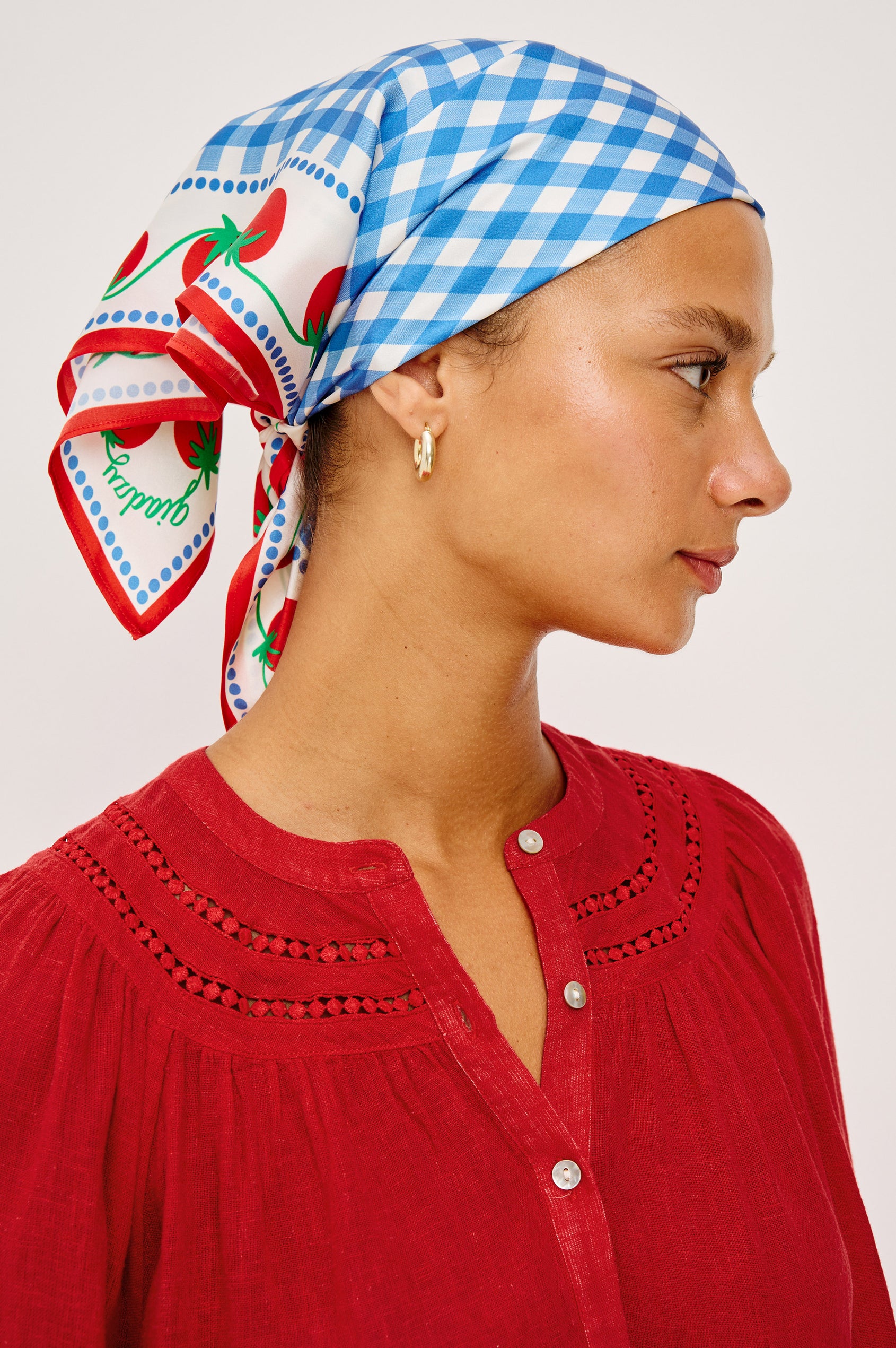 Comina Scarf in 100% Silk With Square Shape in Gingham Tomatoes Colorway - Side Profile View Featured on Model