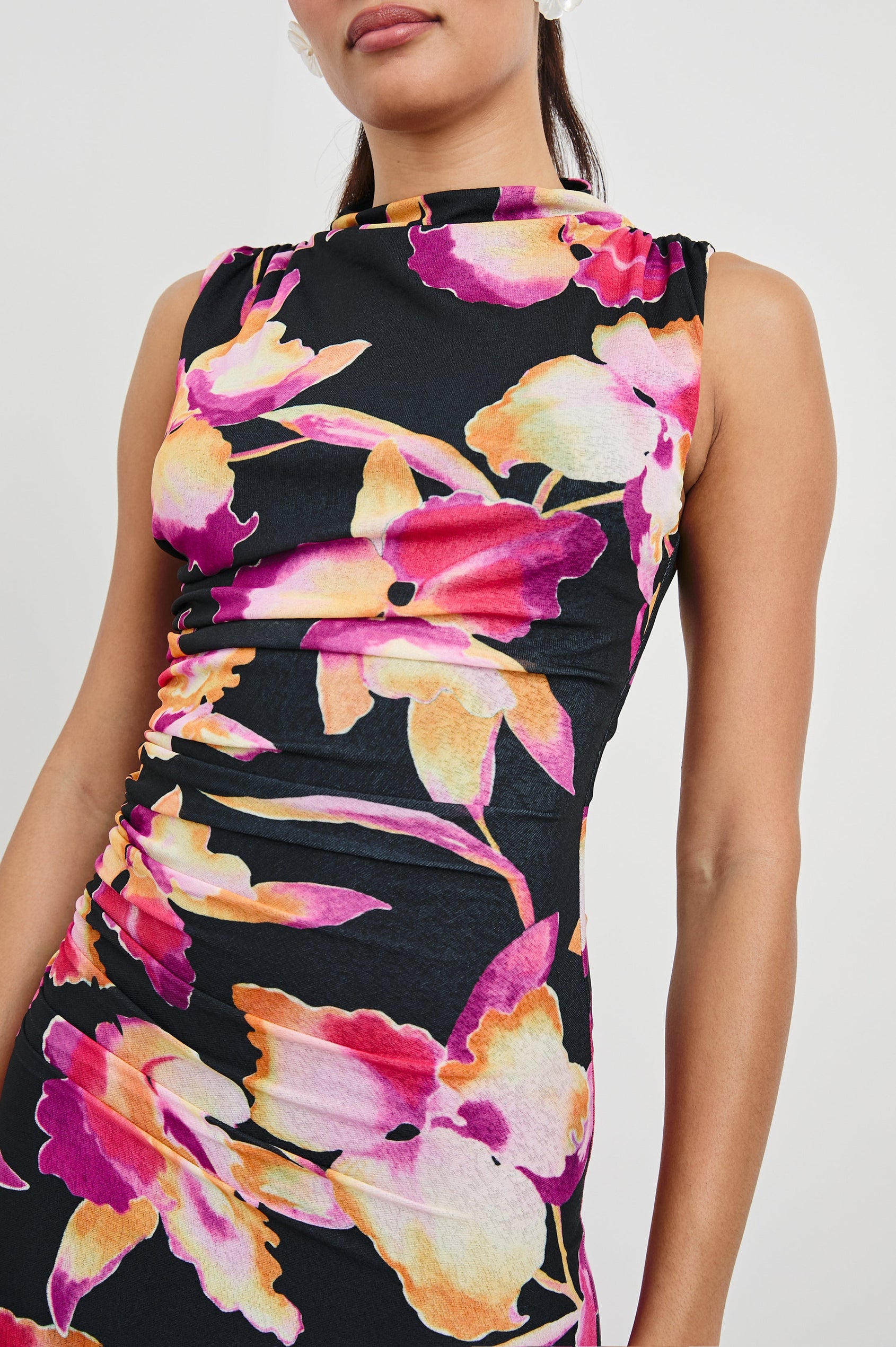 Cosmos Maxi-Length Dress with a Cowl Neck, Sleeveless, Form Fitting with a Ruched Side Seam Detail and an A-line Hem in Dusk Orchid Colorway. Front Detailed View Shown on Model.
