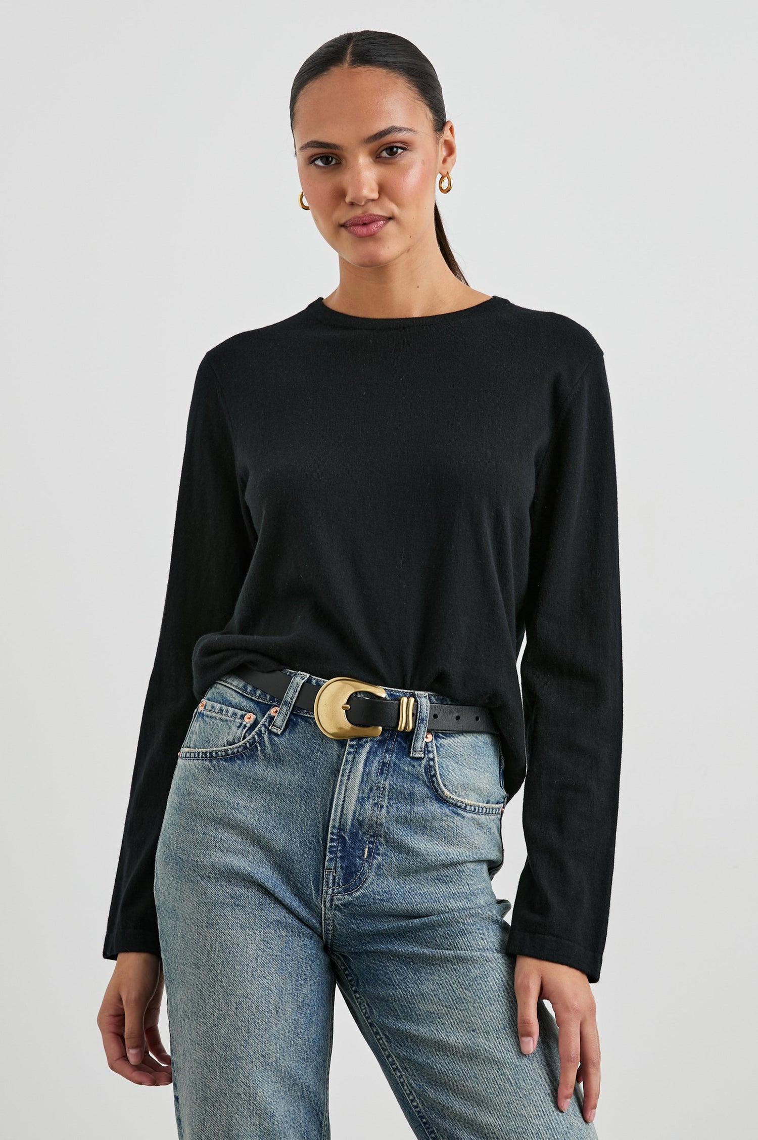 Cotton Cashmere Long Sleeve Tee with Crew Neckline in Black Colorway - Front Tucked View Featured On Model