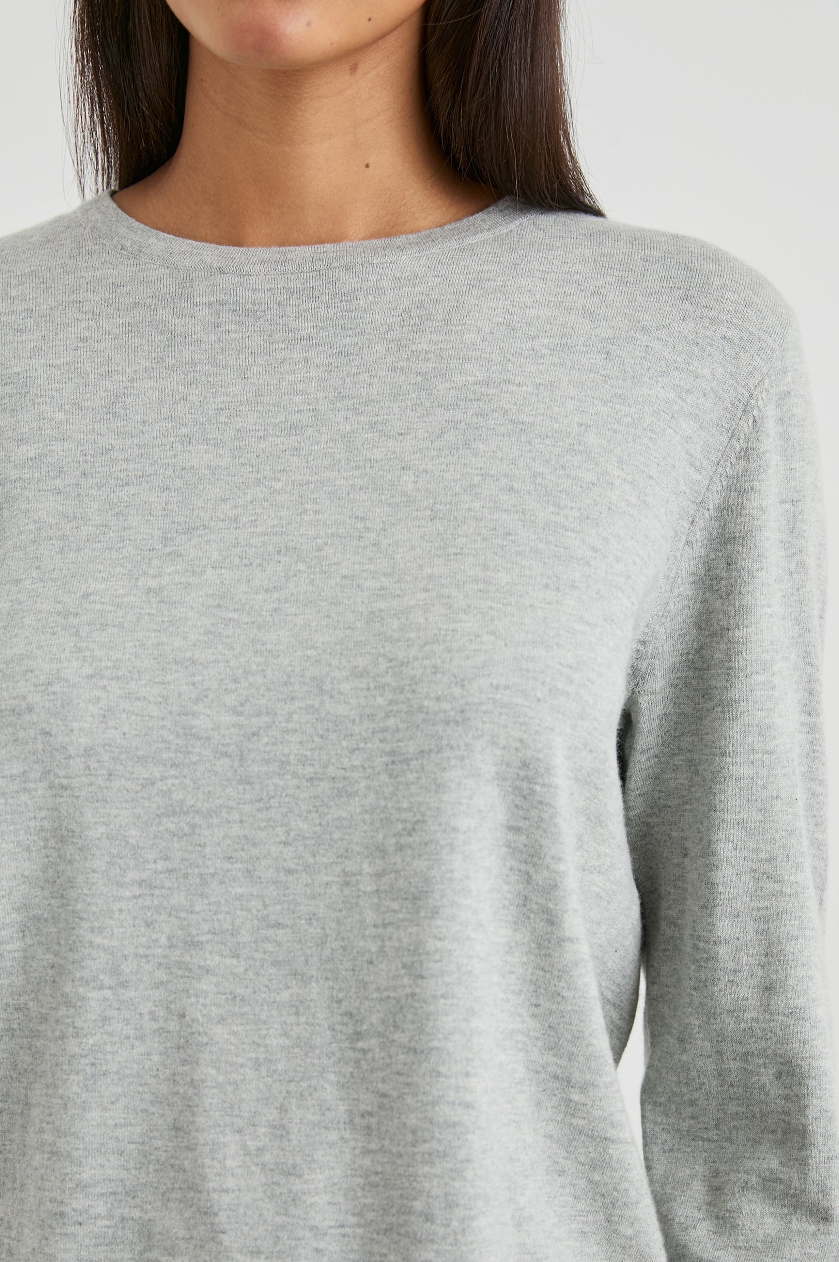 Cotton Cashmere Long Sleeve Tee with Crew Neckline in Heather Grey Colorway - Front View Featured On Model