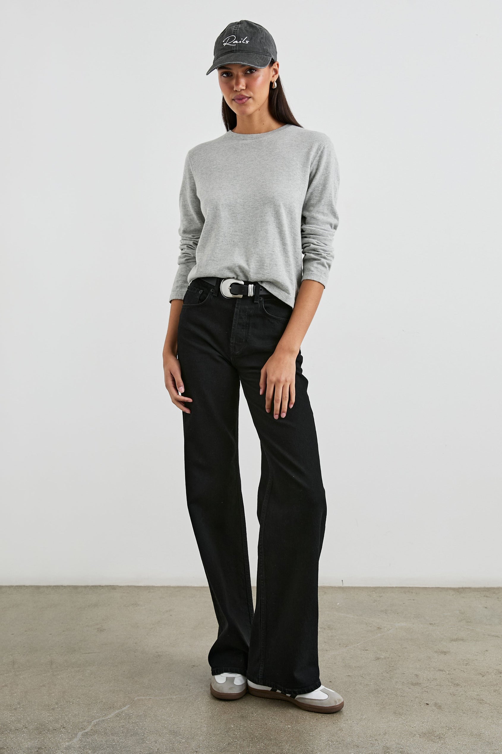 Cotton Cashmere Long Sleeve Tee with Crew Neckline in Heather Grey Colorway - Front Tucked Full Body View Featured On Model