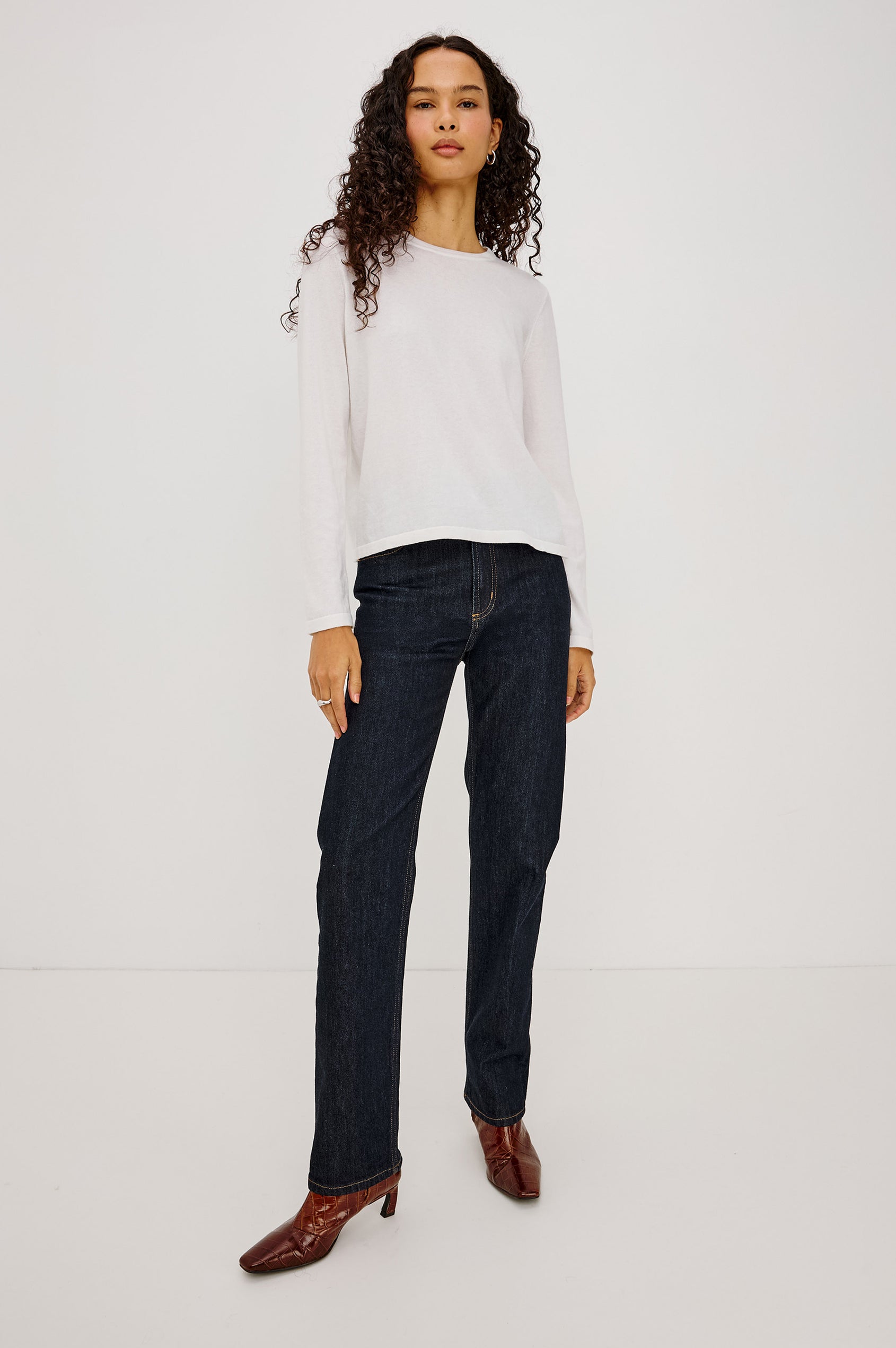 Cotton Cashmere Long Sleeve T-Shirt With Crewneck, Long Sleeve, Slightly Cropped Fit in White Colorway - Full Body Front View Featured on Model