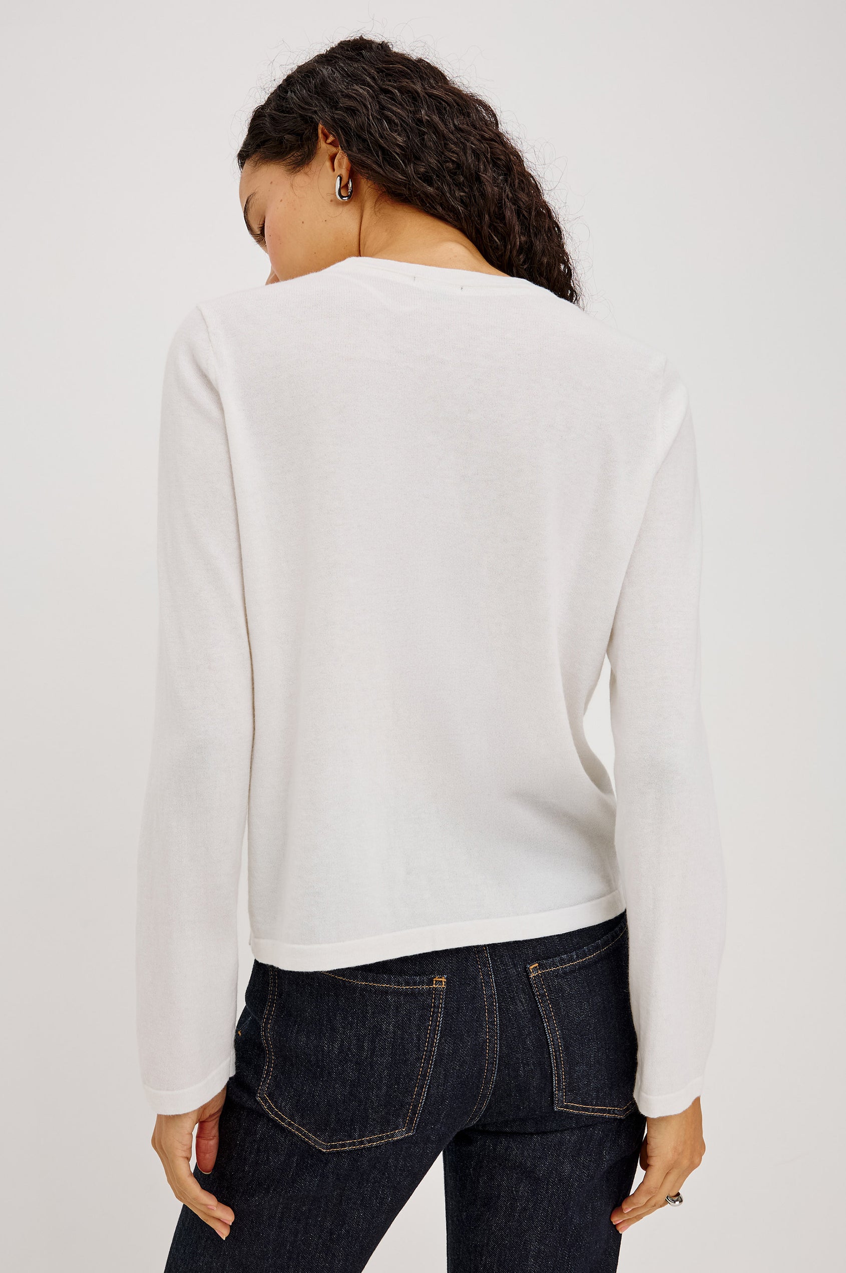 Cotton Cashmere Long Sleeve T-Shirt With Crewneck, Long Sleeve, Slightly Cropped Fit in White Colorway - Upper Body Back View Featured on Model