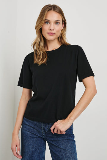 Cotton Cashmere T-shirt with Crew Neckline in Black Colorway - Front Untucked View Featured On Model