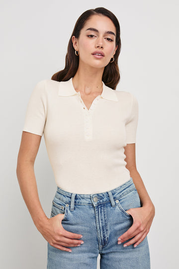 Court Polo Ribbed Knit Short Sleeve Top In Colorway White - Front Tucked In Featured On Model