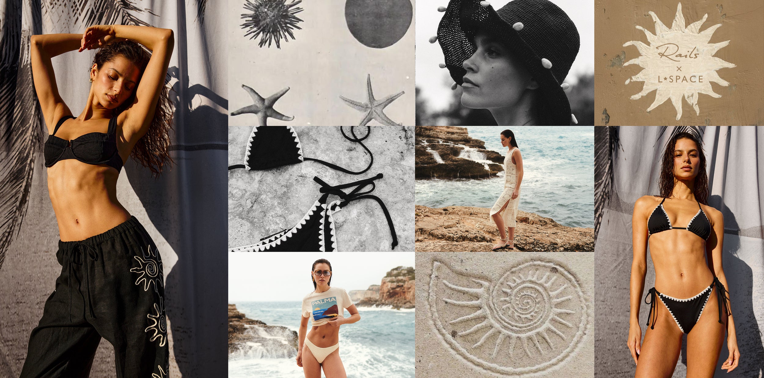 Marketing collage for the Rails x L*Space summer collection featuring beachwear, coastal scenery, and sea-themed illustrations.