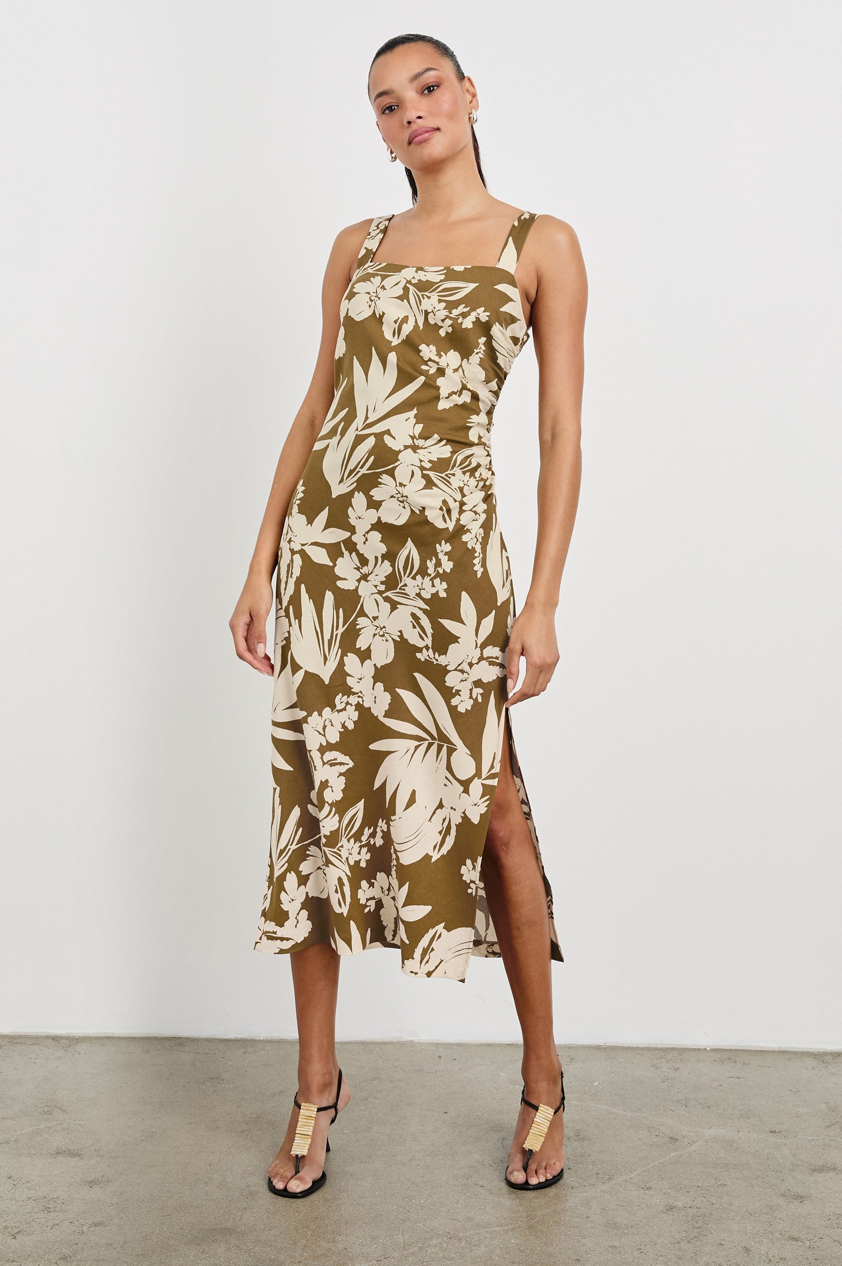 Damaris Midi Tank Dress with a Square Neck Opening, Side Seam Rouching and a Slit on Left Side Hem in Olive Tropic Colorway. Full Body Front View Shown on Model.