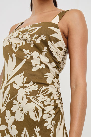 Damaris Midi Tank Dress with a Square Neck Opening, Side Seam Ruching, Side Seam Hidden Zipper and a Slit on Left Side Hem in Olive Tropic Colorway. Front Detailed View Shown on Model.
