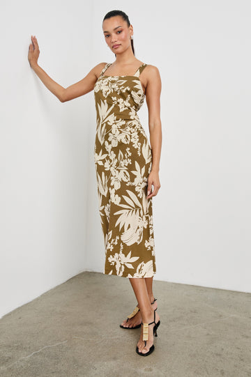 Damaris Midi Tank Dress with a Square Neck Opening, Side Seam Ruching and a Slit on Left Side Hem in Olive Tropic Colorway. Full Body Front View Shown on Model.