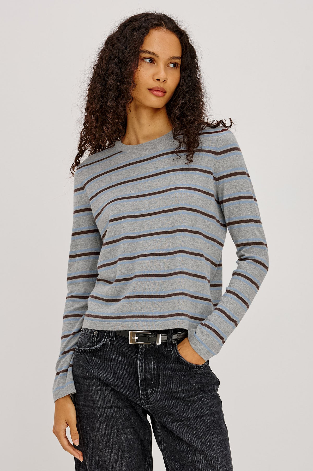 Cotton Cashmere Long Sleeve T-Shirt With Slim Fit, Ribbed Crew Neck, Cuffs, and Hem, and Long Sleeves in Heather Sky Colorway - Upper Body Back View Featured on Model