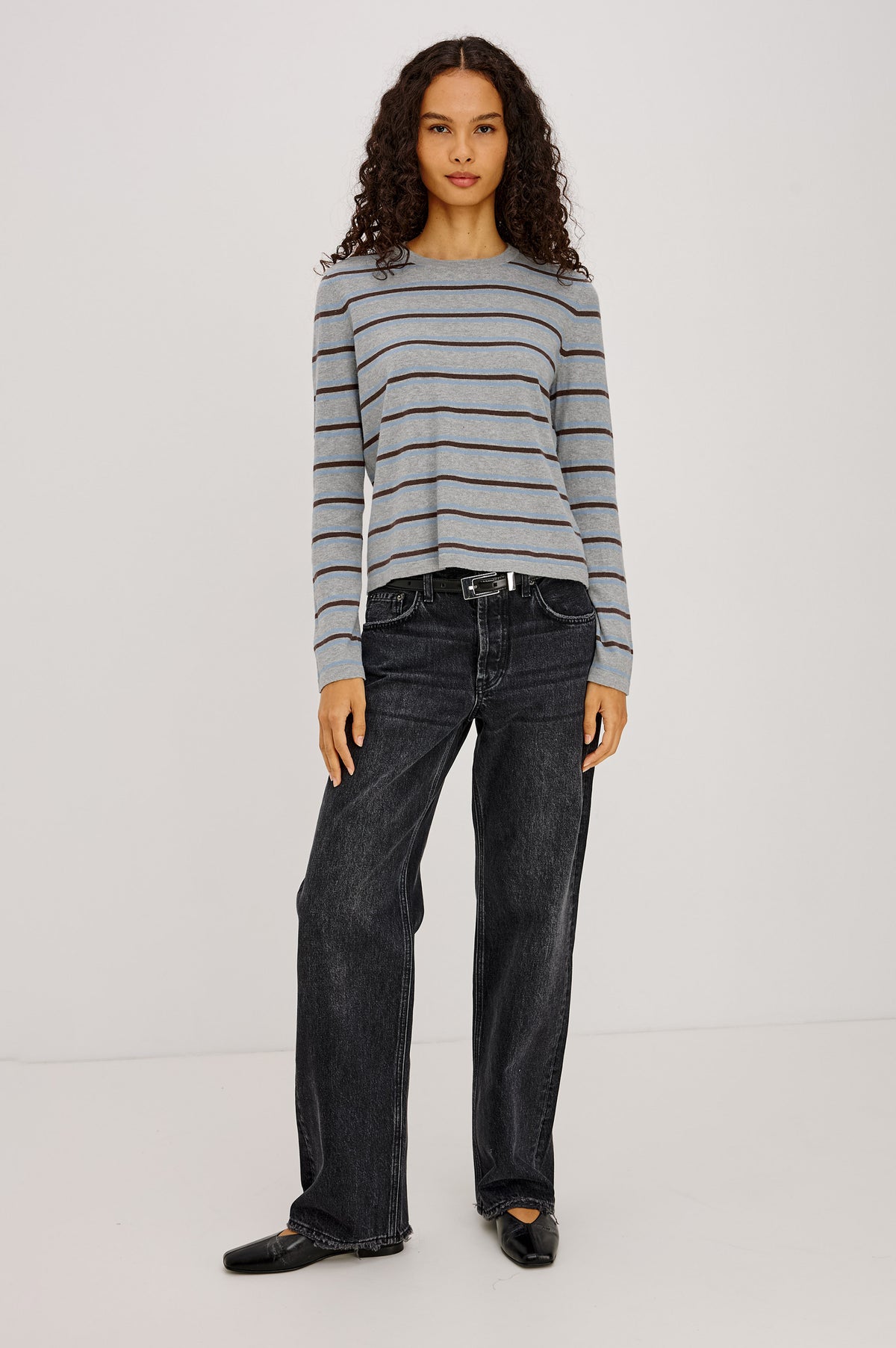 Cotton Cashmere Long Sleeve T-Shirt With Slim Fit, Ribbed Crew Neck, Cuffs, and Hem, and Long Sleeves in Heather Sky Colorway - Full Body Front View Featured on Model