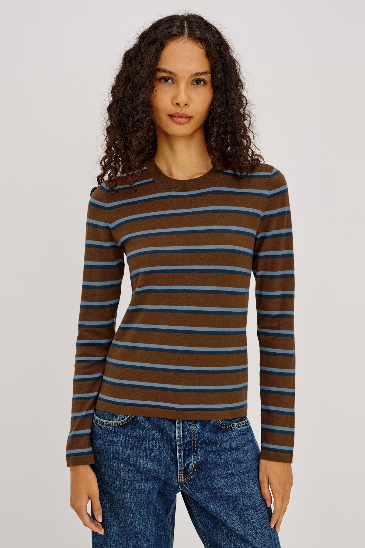 Cotton-Cashmere Long Sleeve T-Shirt With Slim Fit, Ribbed Crew Neck, Cuffs, and Hem, and Long Sleeves in Mocha Stripe Colorway - Upper Body Front View Featured on Model