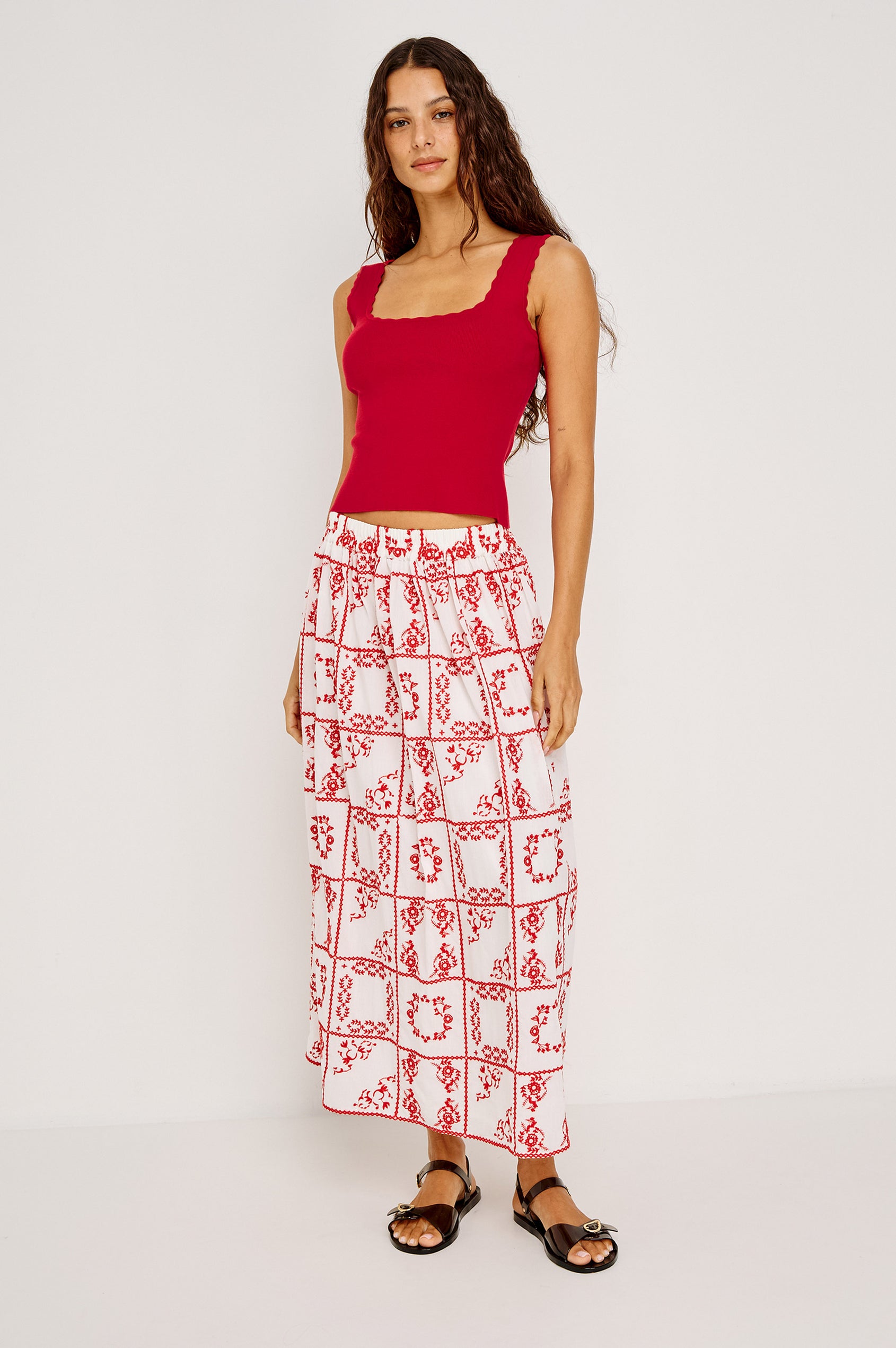 Dax Maxi Skirt With Elastic Waistband, A-Line Silhouette, and is Fully Lined - Full Body Front View Featured on Model