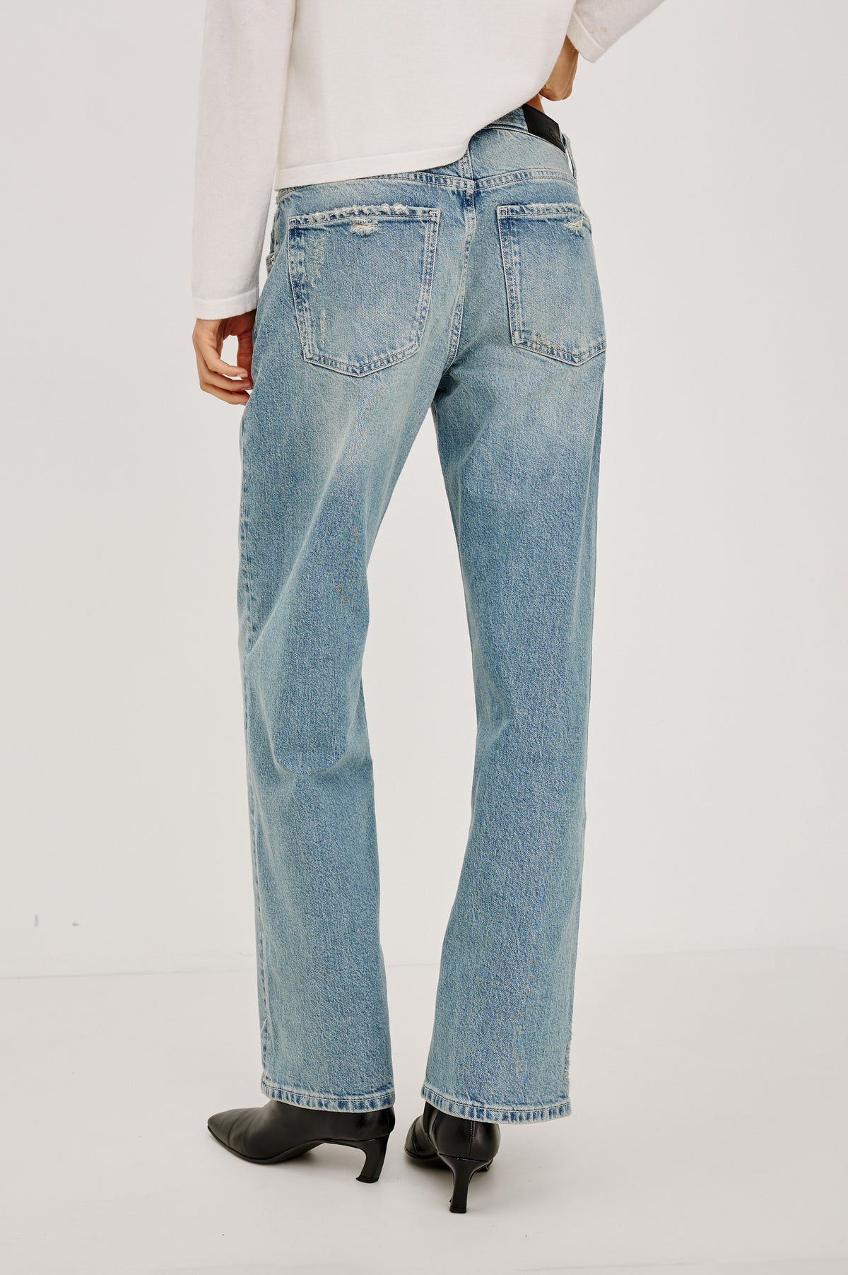 Del Mar Boyfriend Jean in Rigid Drapey Denim With Low-Slung Fit, Wide Relaxed Legs, 5-Pockets, and Button Fly in Archive Colorway - Back view featured on model.