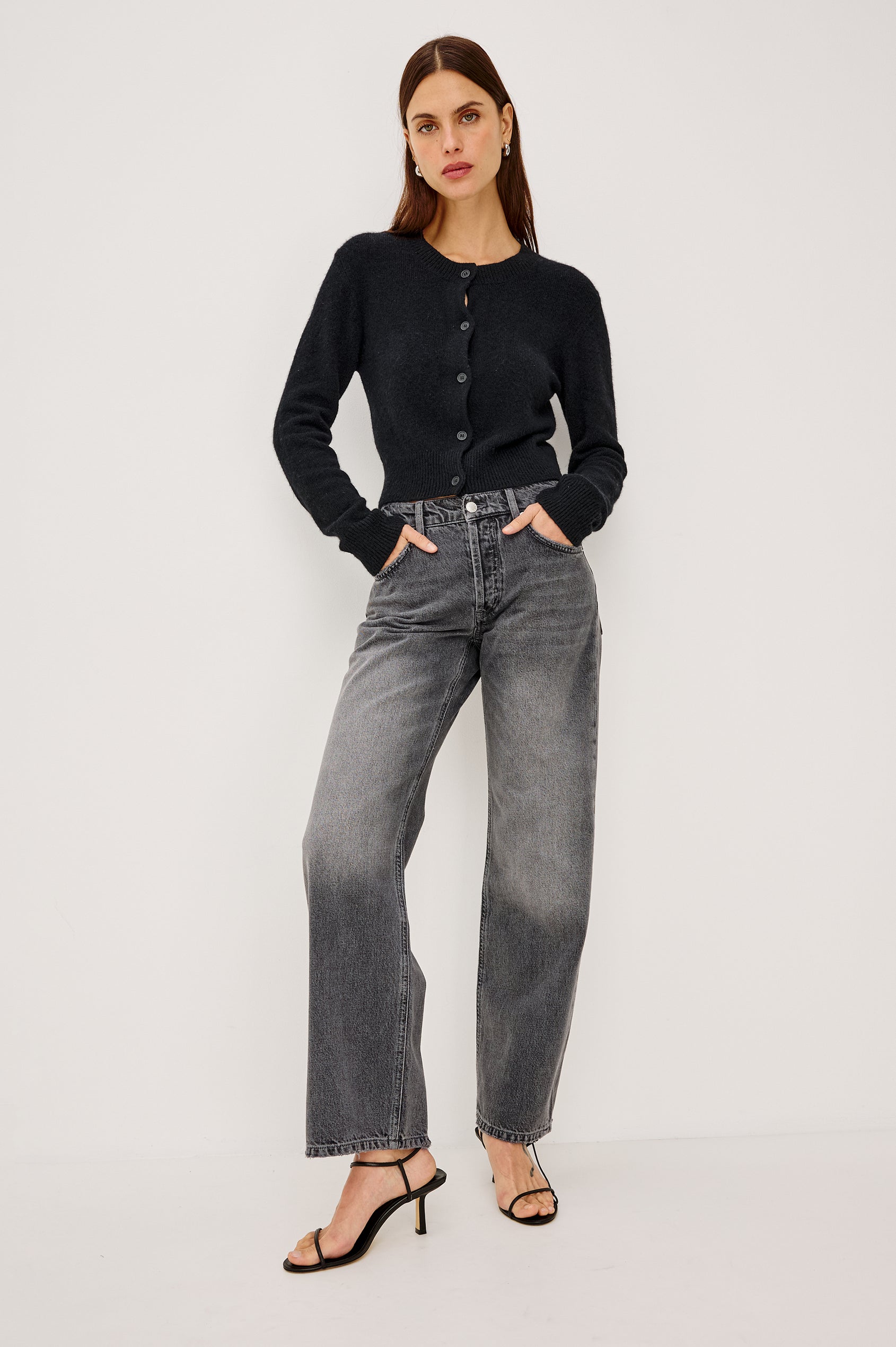 Del Mar Boyfriend Jean in Rigid Drapey Denim With Low-Slung Fit, Wide Relaxed Legs, 5-Pockets, and Button Fly in Bandit Colorway - Full Body Front View Featured on Model