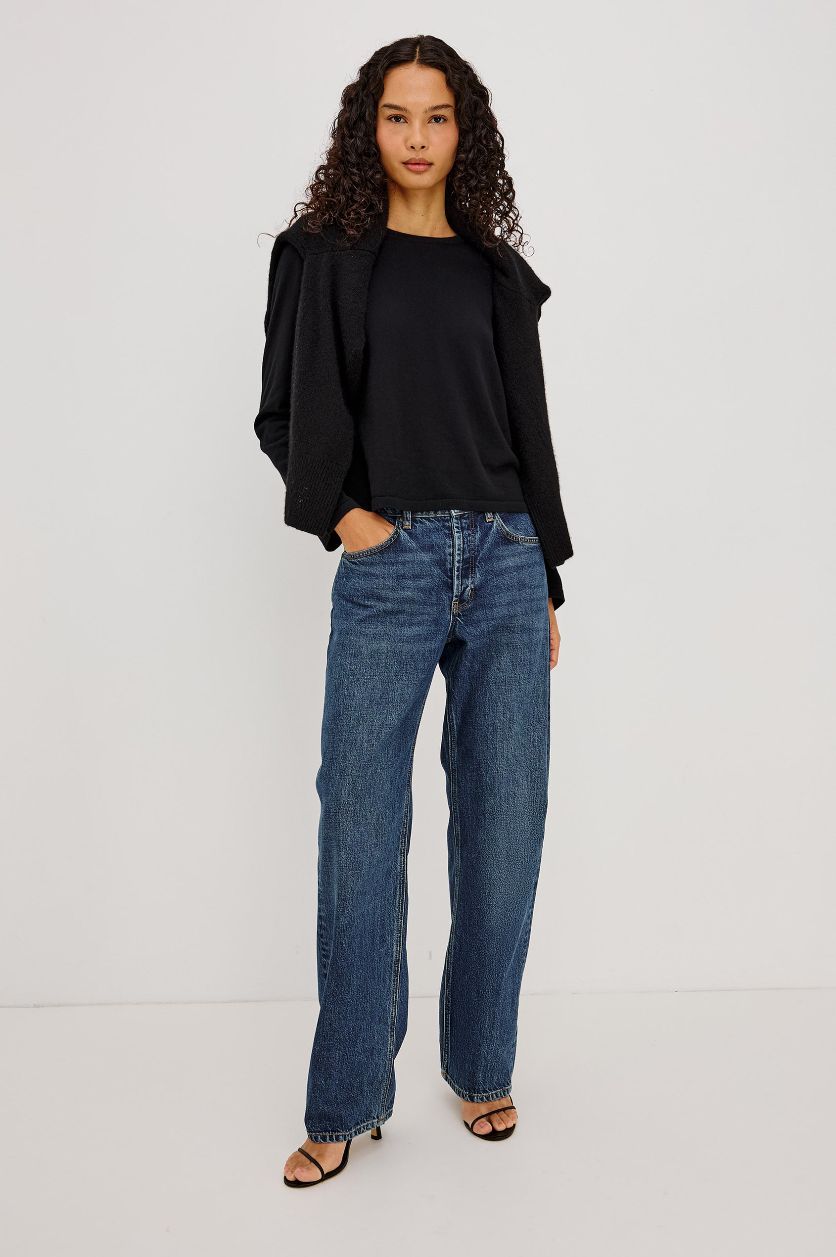 Del Mar Boyfriend Jean in Rigid Drapey Denim With Low-Slung Fit, Wide Relaxed Legs, 5-Pockets, and Button Fly in Upstream Colorway - Full Body Front View Featured on Model