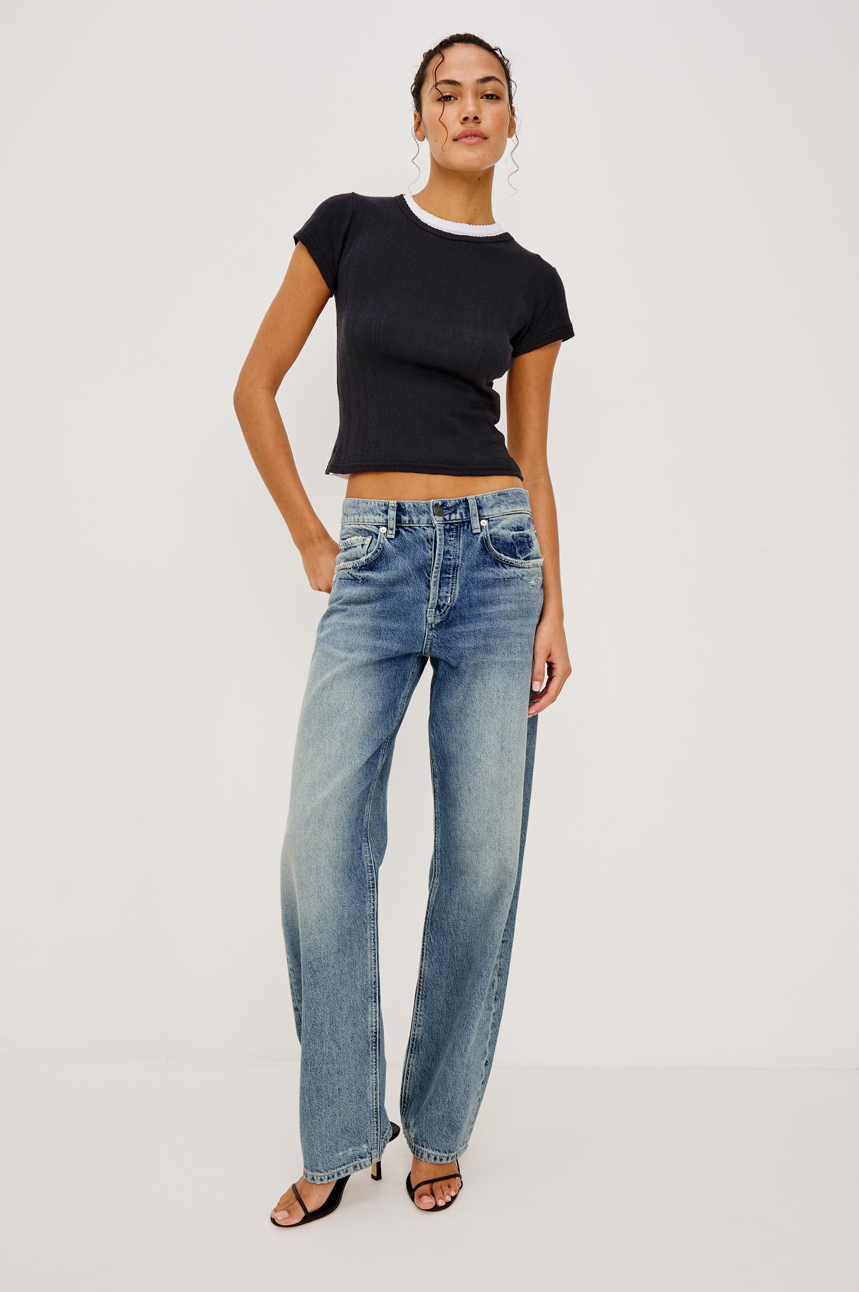 Del Mar Low-Rise Wide Straight Leg Jean in With Relaxed Fit in Vintage Azure Colorway - Full Body Front View Featured on Model