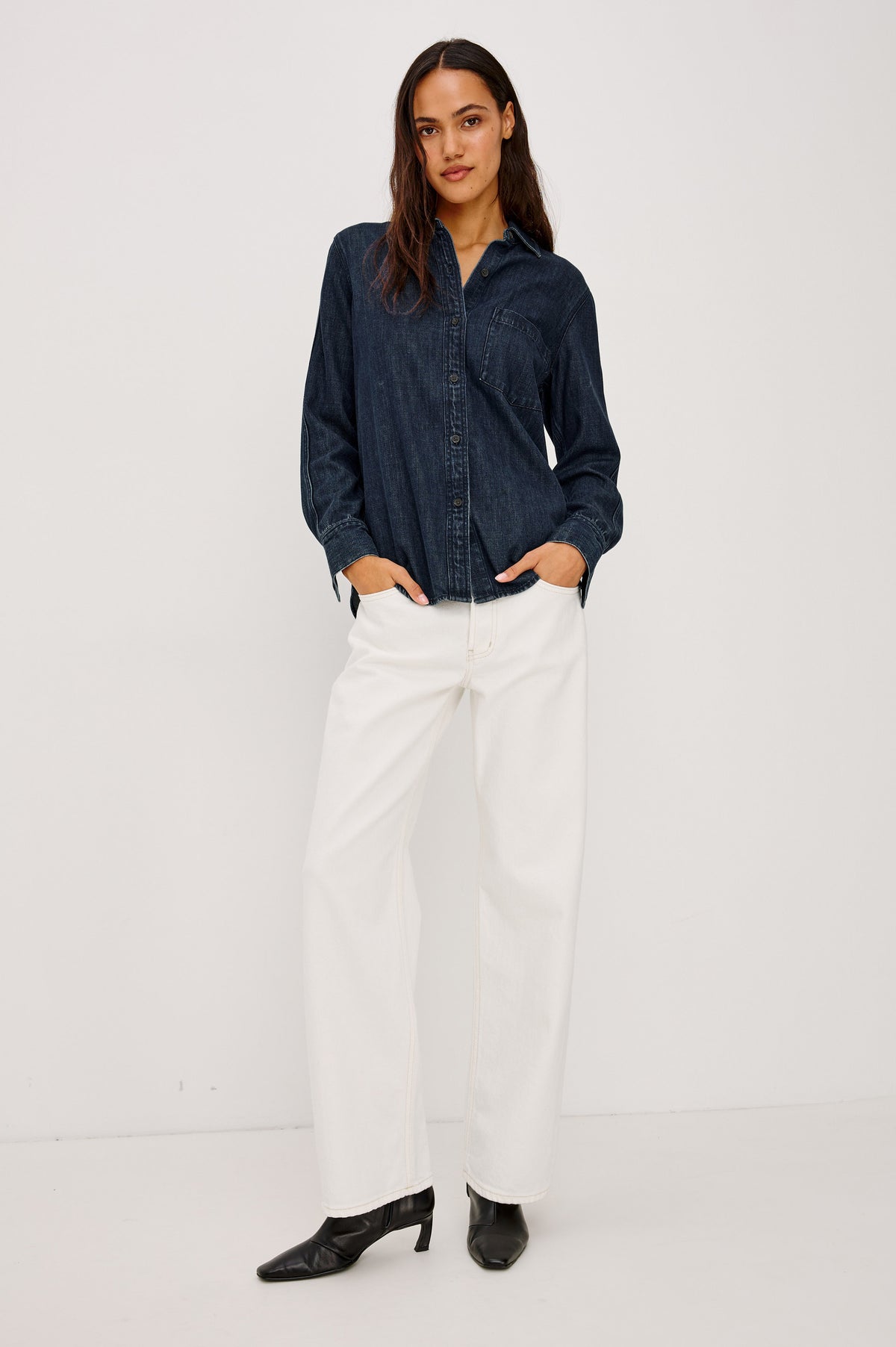 Del Mar Boyfriend Jean in Rigid Drapey Denim With Low-Slung Fit, Wide Relaxed Legs, 5-Pockets, and Button Fly in Vintage Ecru Colorway, Full Body Front View Featured on Model.