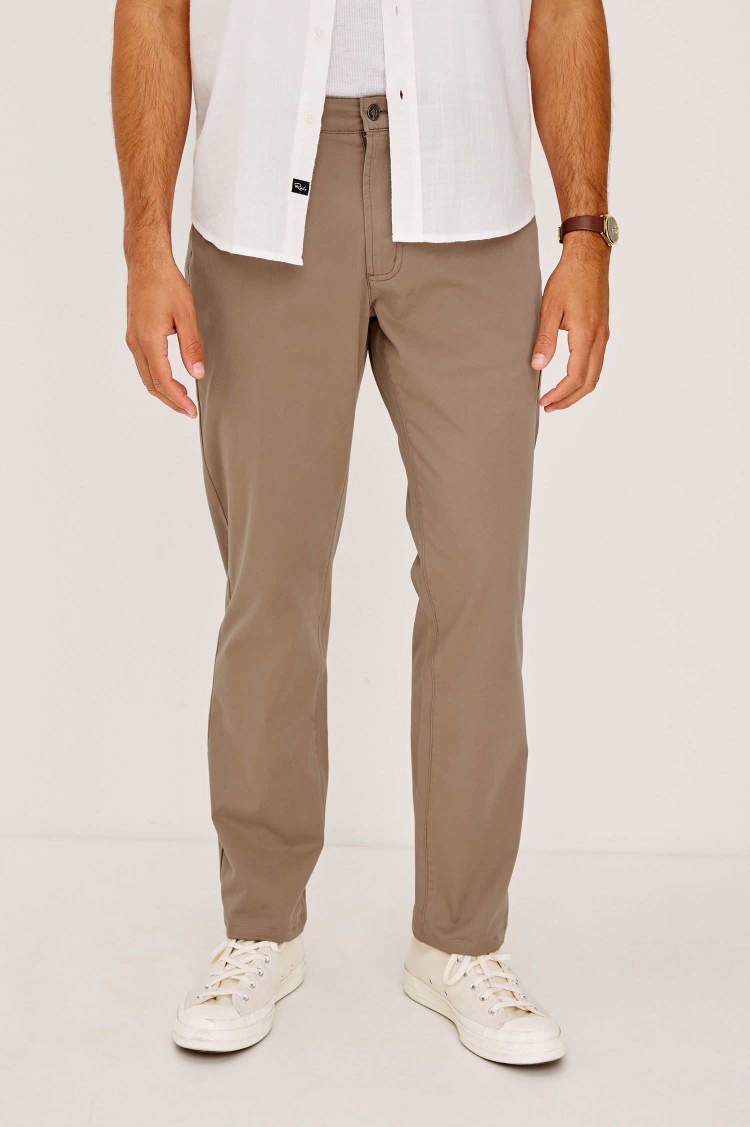 Dempsey Slim Straight Pant in Cotton Stretch With Front Zip Fly, 5-Pockets, and Belt Loops in Stoe Colorway - Lower Body Front View Featured on Model