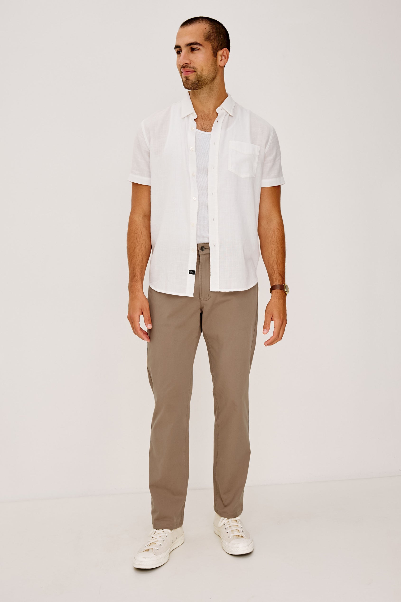 Dempsey Slim Straight Pant in Cotton Stretch With Front Zip Fly, 5-Pockets, and Belt Loops in Cacao Colorway - Lower Body Front View Featured on Model