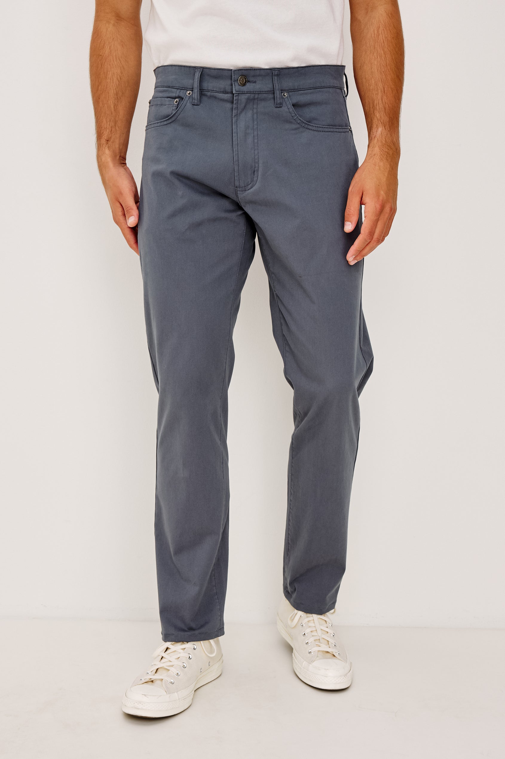 Dempsey Slim Straight Pant in Cotton Stretch With Front Zip Fly, 5-Pockets, and Belt Loops in Ensign Blue Colorway - Lower Body Front View Featured on Model