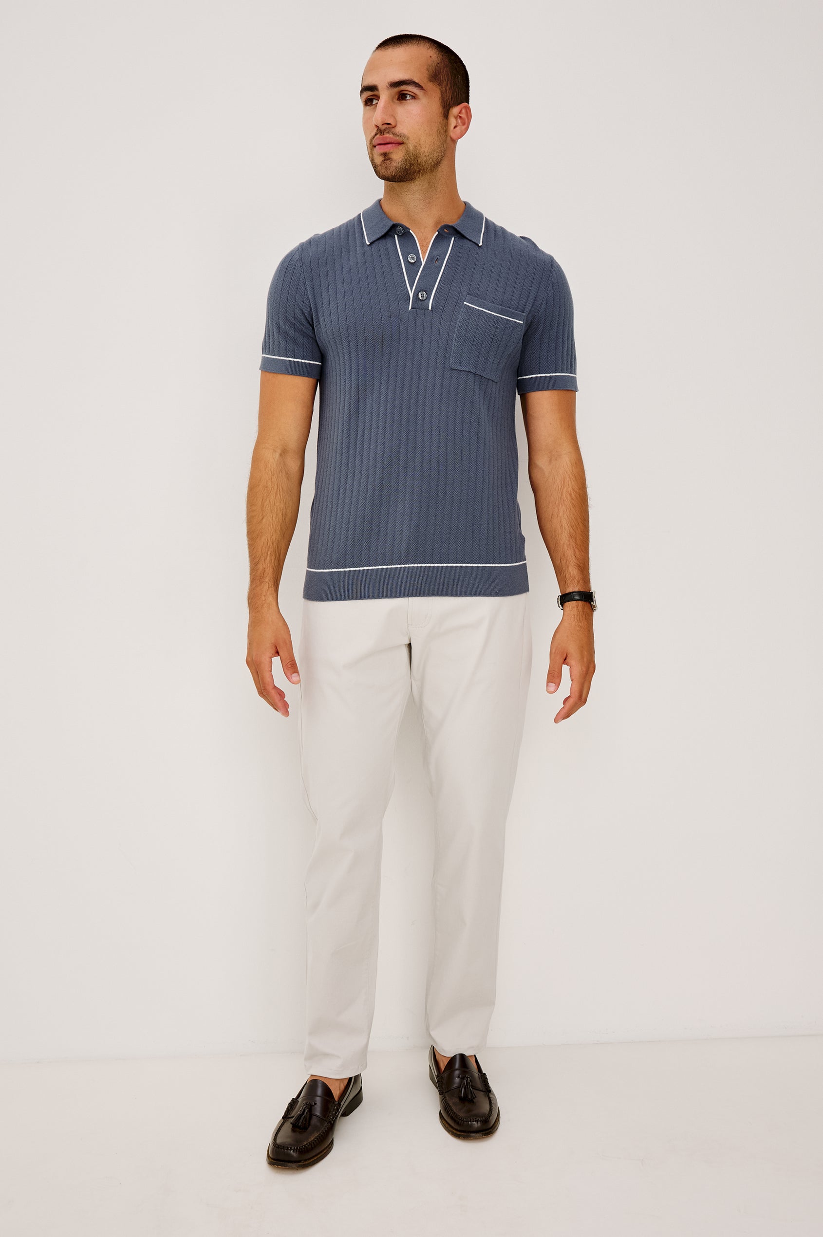 Dempsey Slim Straight Pant in Cotton Stretch With Front Zip Fly, 5-Pockets, and Belt Loops in Stone Colorway - Full Body Front View Featured on Model