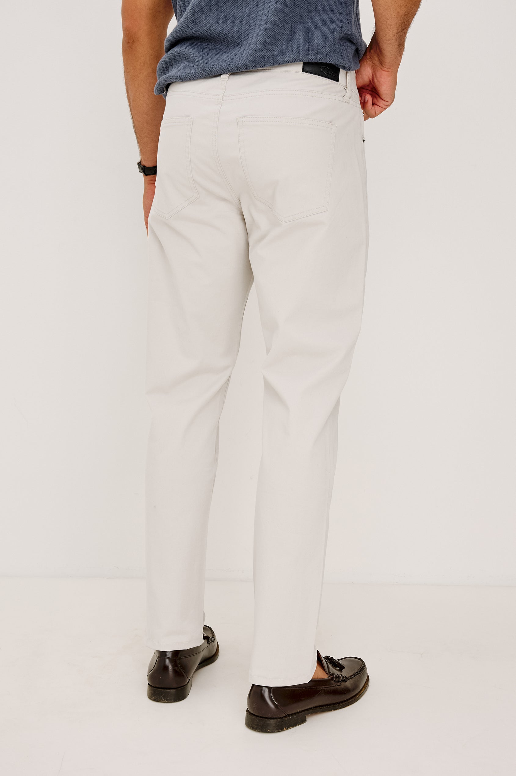 Dempsey Slim Straight Pant in Cotton Stretch With Front Zip Fly, 5-Pockets, and Belt Loops in Stone Colorway - Lower Body Back View Featured on Model