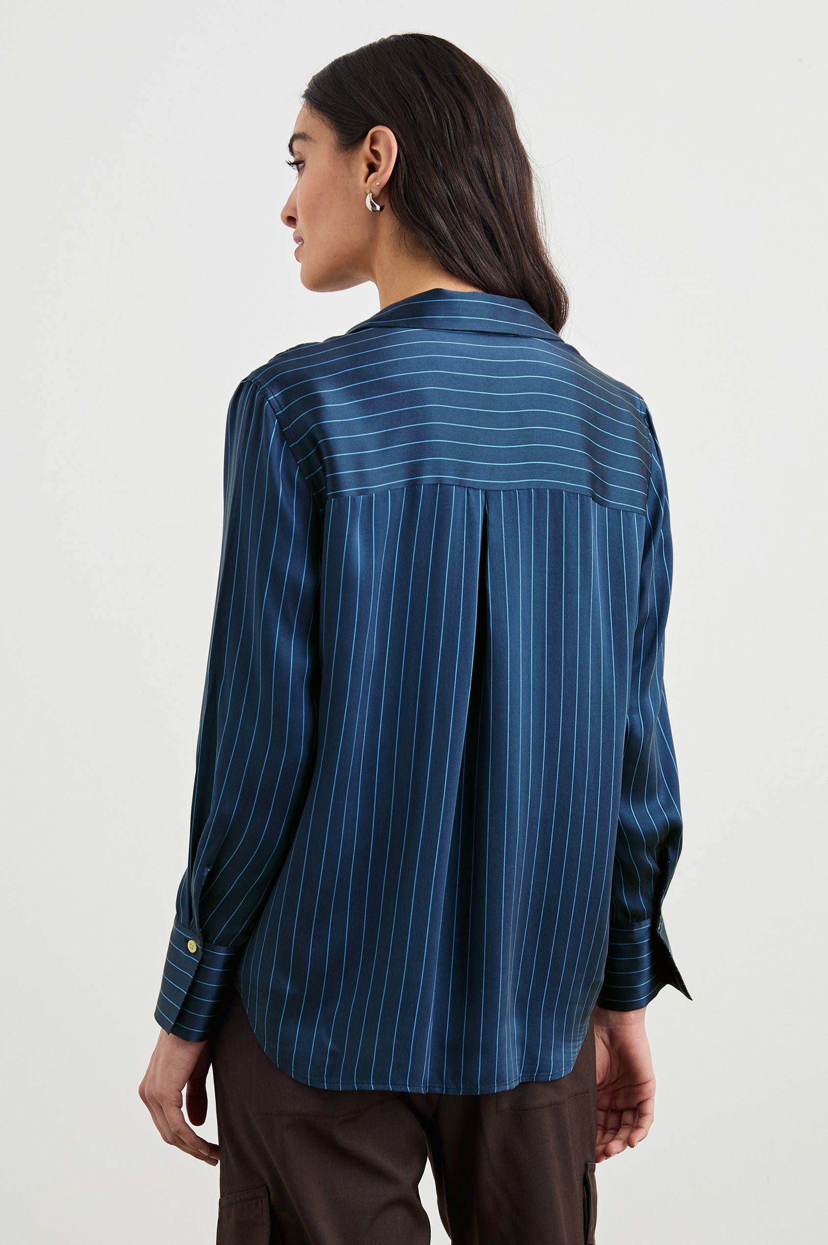 Dorian Long-Sleeve Button Up in Arctic Stripe Colorway, Vertical Stripes in Light and Dark Blue - Back View Featured on Model