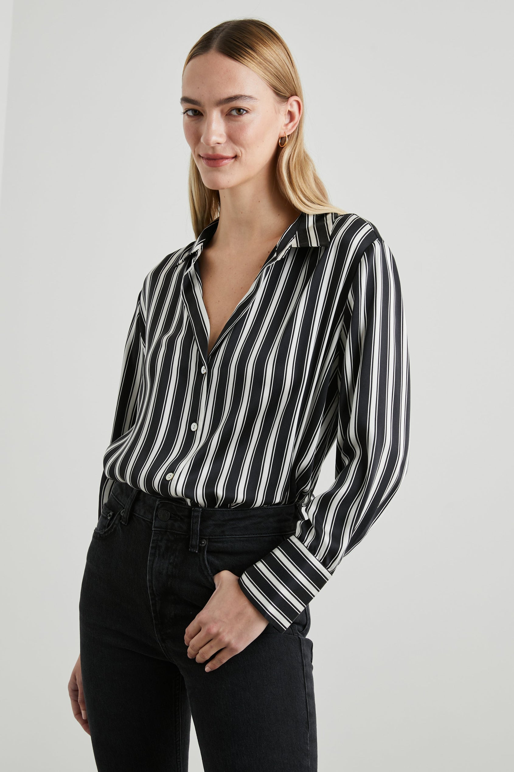 Dorian Long-Sleeve Button Up in Melrose Stripe Colorway, Black and White Vertical Stripes  - Front Tucked View Featured on Model