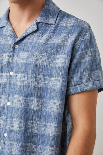 Dresden Short Sleeve Button Up with Rolled Cuffs in Kyoto Blue Colorway, a Blue and White Plaid - Front View Featured on Model