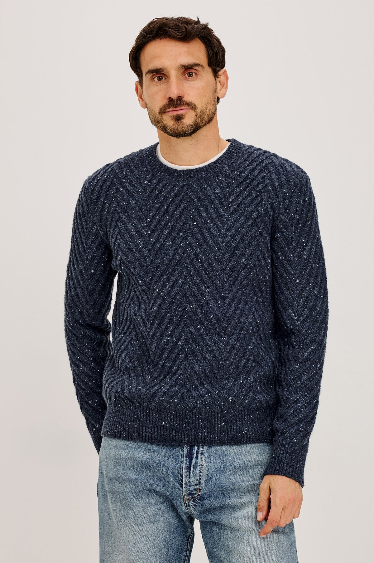 Dumont Sweater in Alpaca-Wool Blend With Crewneck, Oversized Chevron Stitch, Classic Fit, and Long Sleeves in Maritime Nep Colorway - Upper Body Front View Featured on Model.