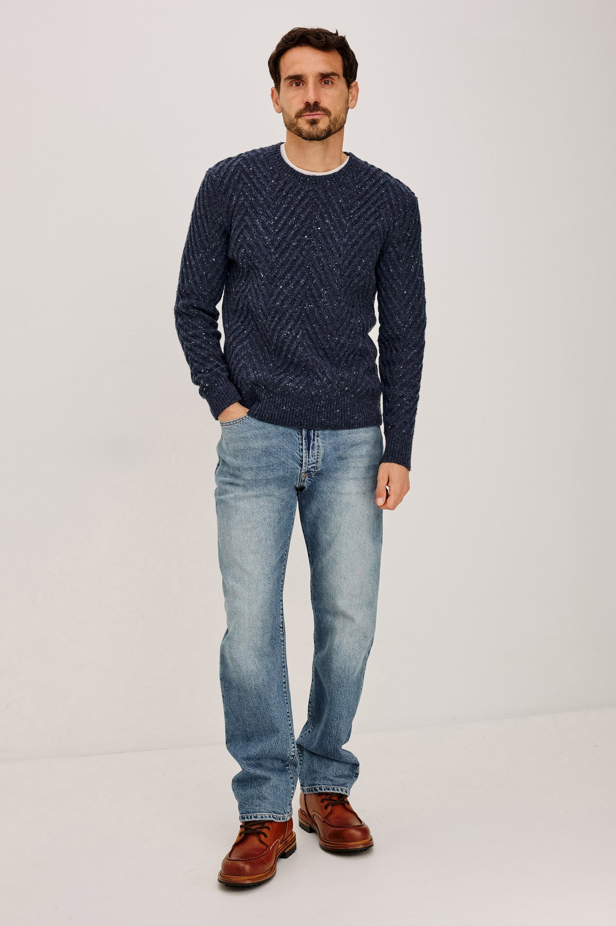 Dumont Sweater in Alpaca-Wool Blend With Crewneck, Oversized Chevron Stitch, Classic Fit, and Long Sleeves in Maritime Nep Colorway - Full Body Front View Featured on Model.