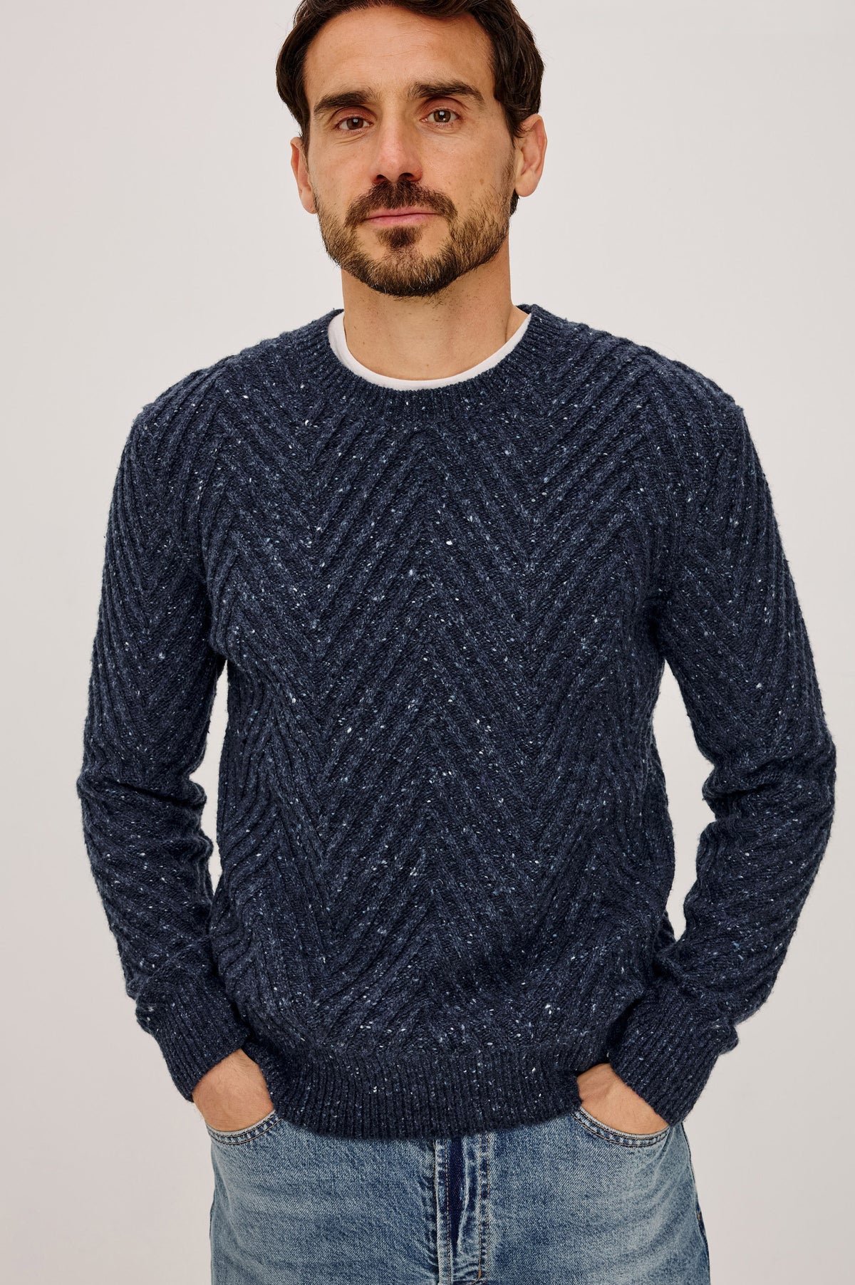 Dumont Sweater in Alpaca-Wool Blend With Crewneck, Oversized Chevron Stitch, Classic Fit, and Long Sleeves in Maritime Nep Colorway - Front View Featured on Model.