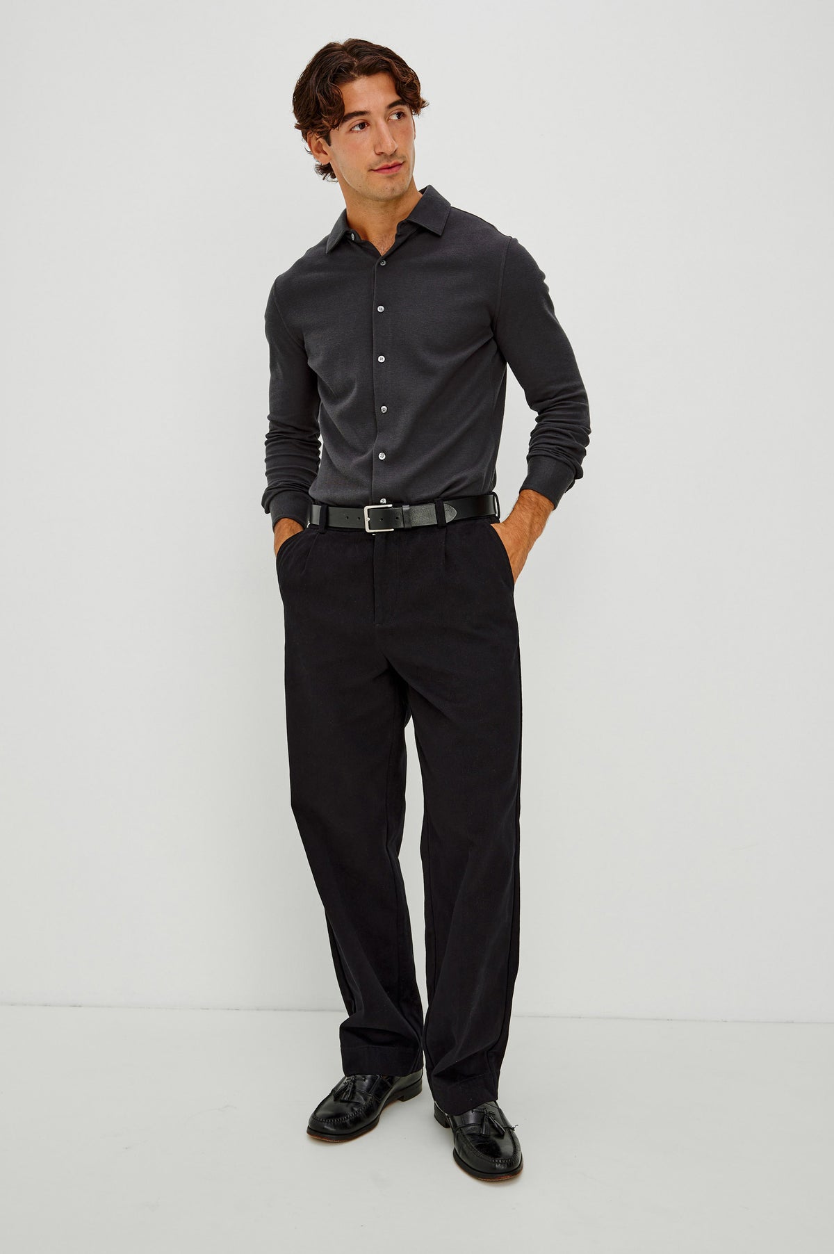 Dunn Shirt in Pique Knit With Front Buttons, Slim Fit, Collar, and Long Sleeves in Shadow Colorway - Full Body Front View Featured on Model.
