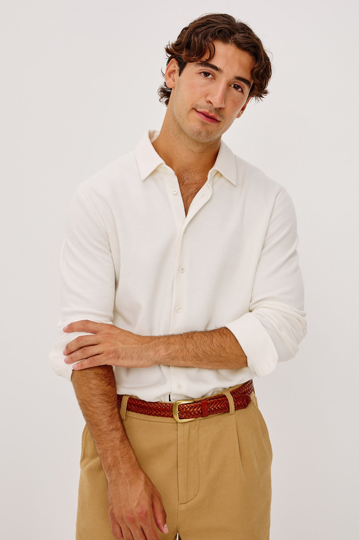 Dunn Shirt in Pique Knit With Front Buttons, Slim Fit, Collar, and Long Sleeves in White Colorway - Upper Body Front View Featured on Model.
