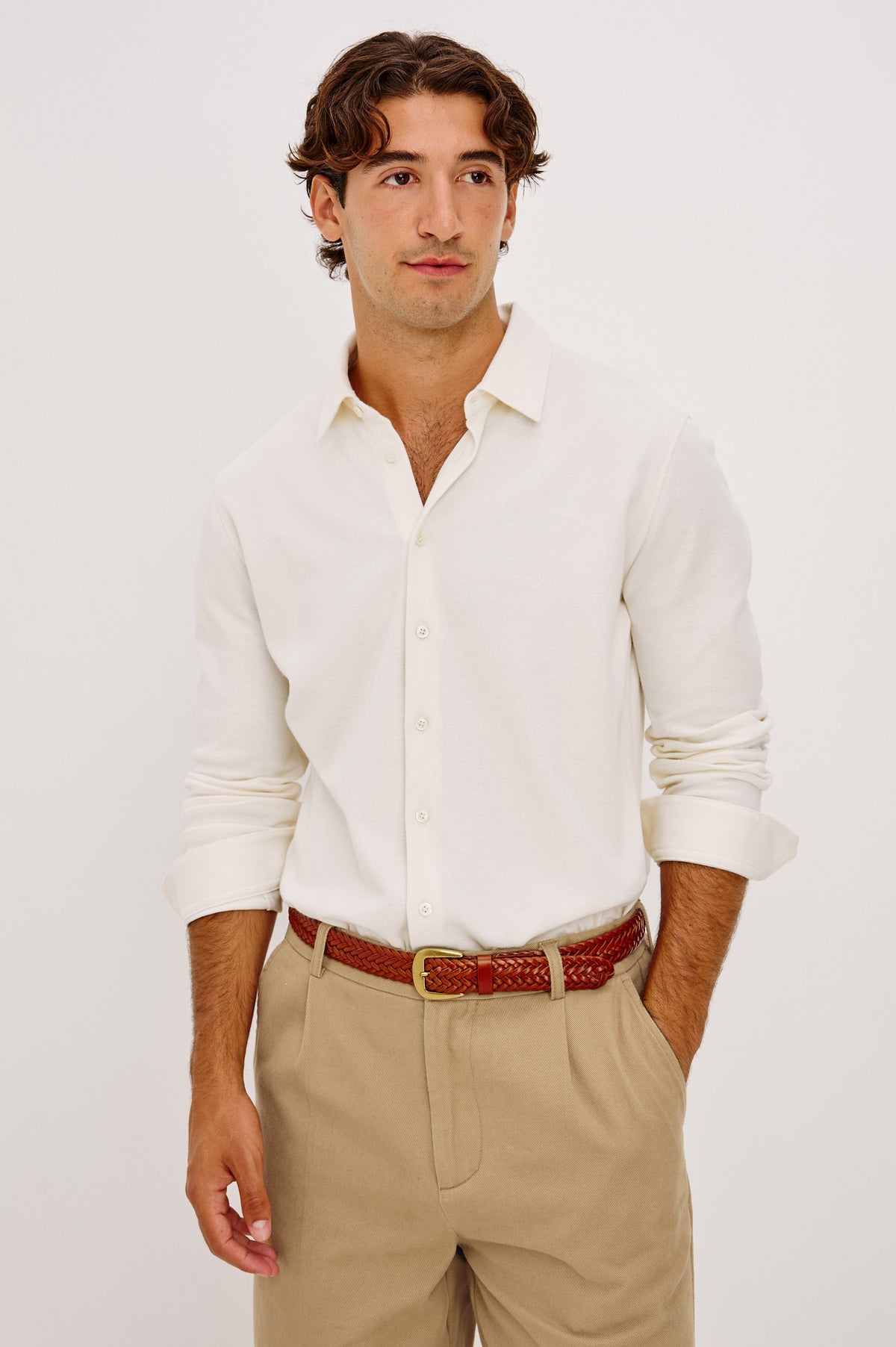 Dunn Shirt in Pique Knit With Front Buttons, Slim Fit, Collar, and Long Sleeves in White Colorway - Front View Featured on Model.