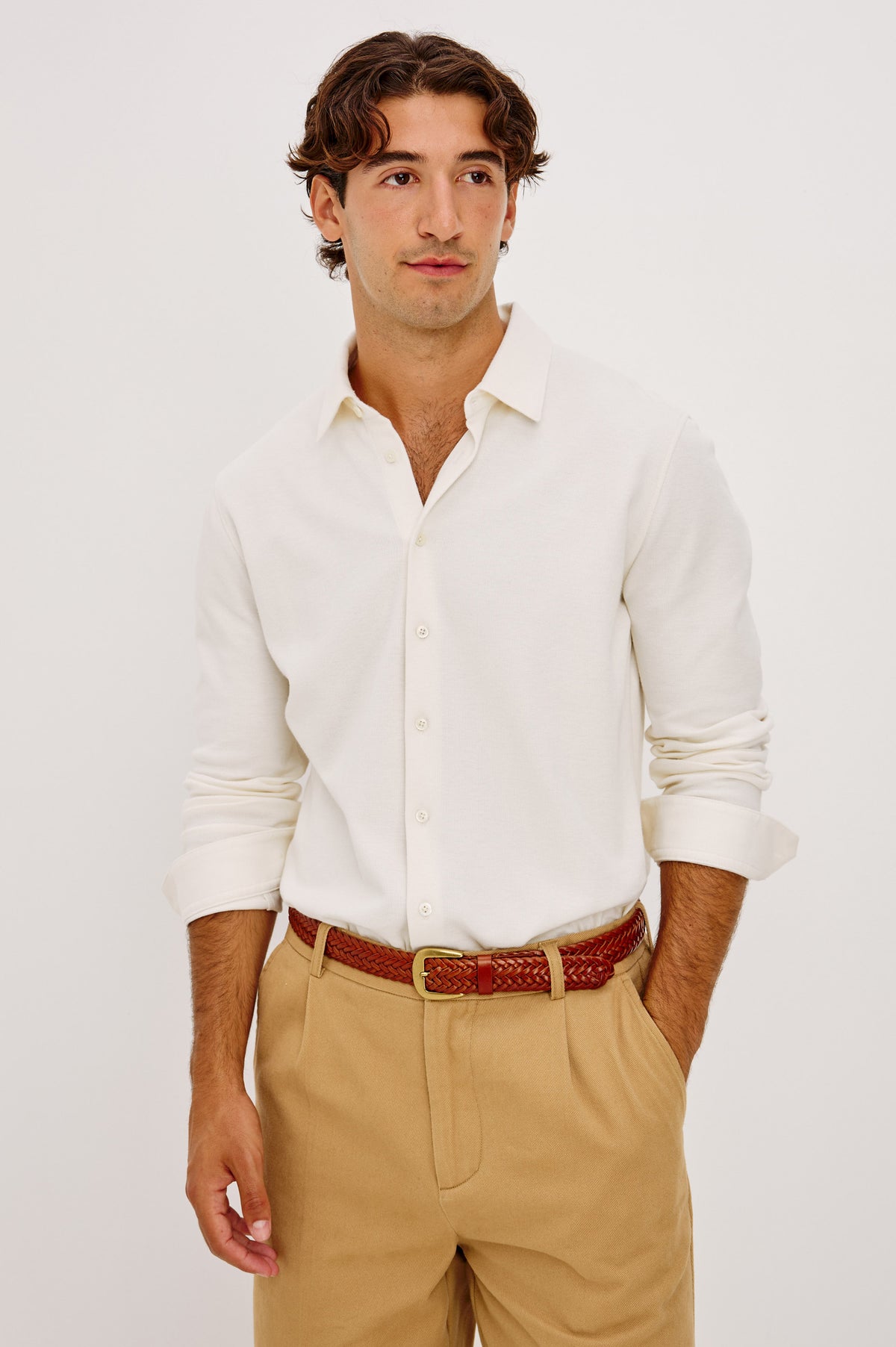 Dunn Shirt in Pique Knit With Front Buttons, Slim Fit, Collar, and Long Sleeves in White Colorway - Front View Featured on Model.