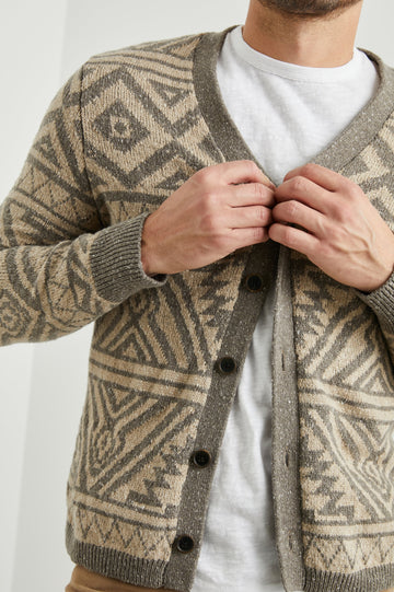 DURAN CARDIGAN KHAKI FOLIAGE NEP - FRONT DETAILS