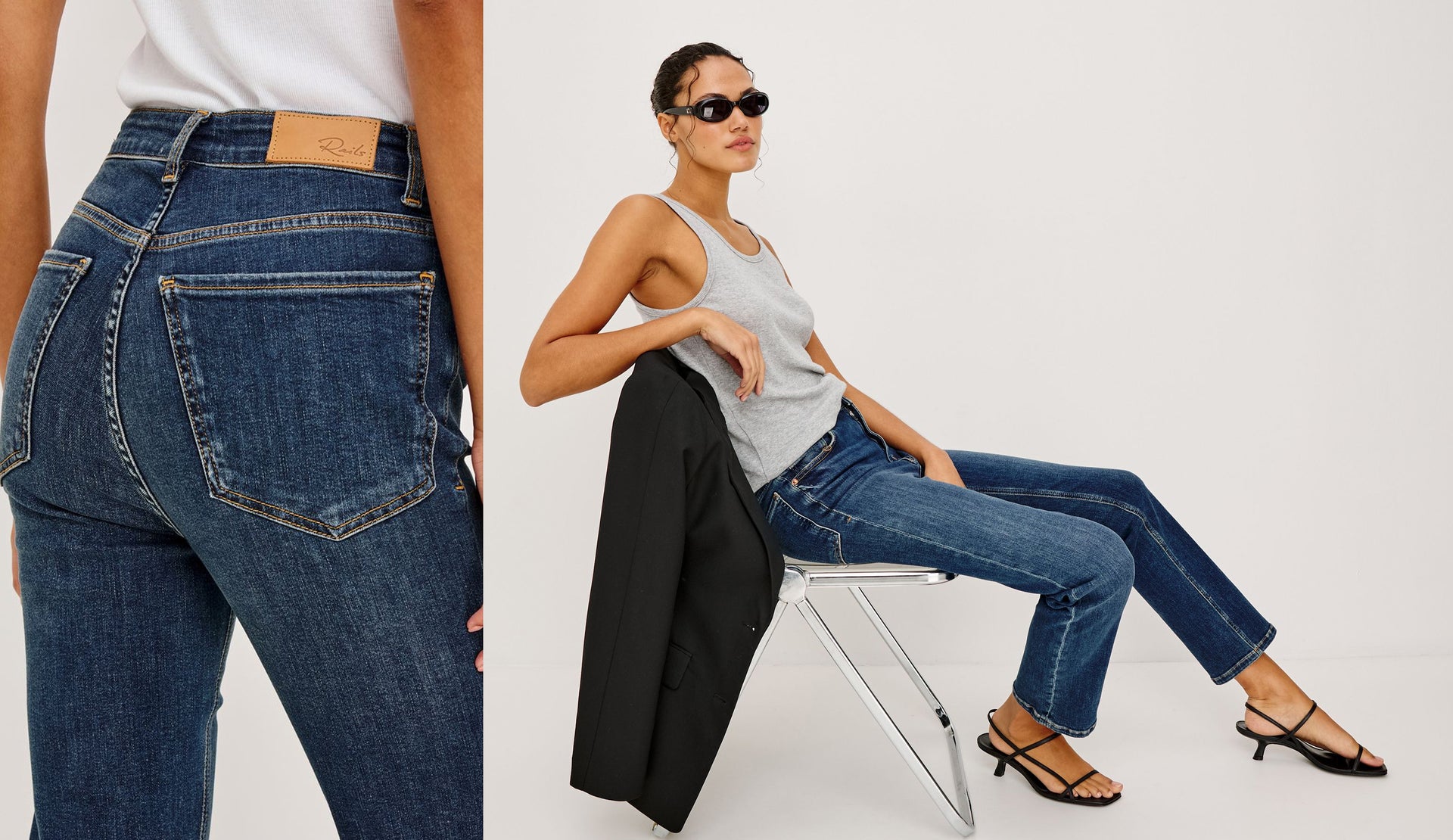 Close-up of a woman wearing blue jeans sitting on a chair.