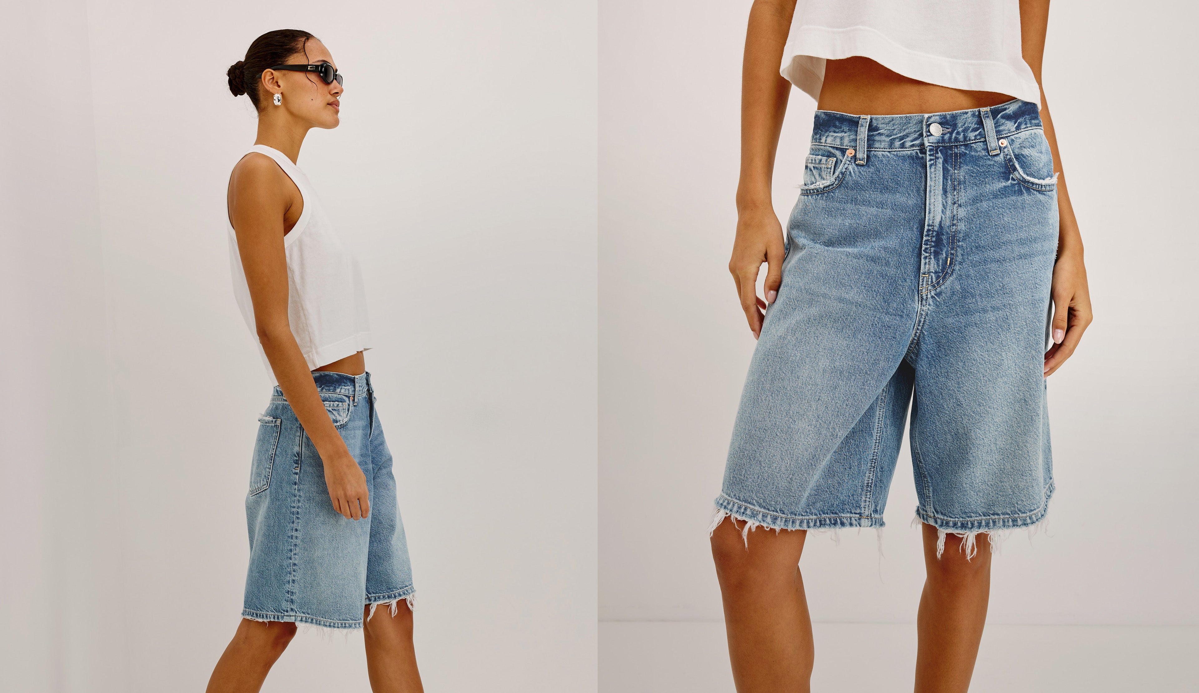 A split-view model photo showing a person wearing light-wash denim shorts with a frayed hem and a white cropped tank top against a plain light background.